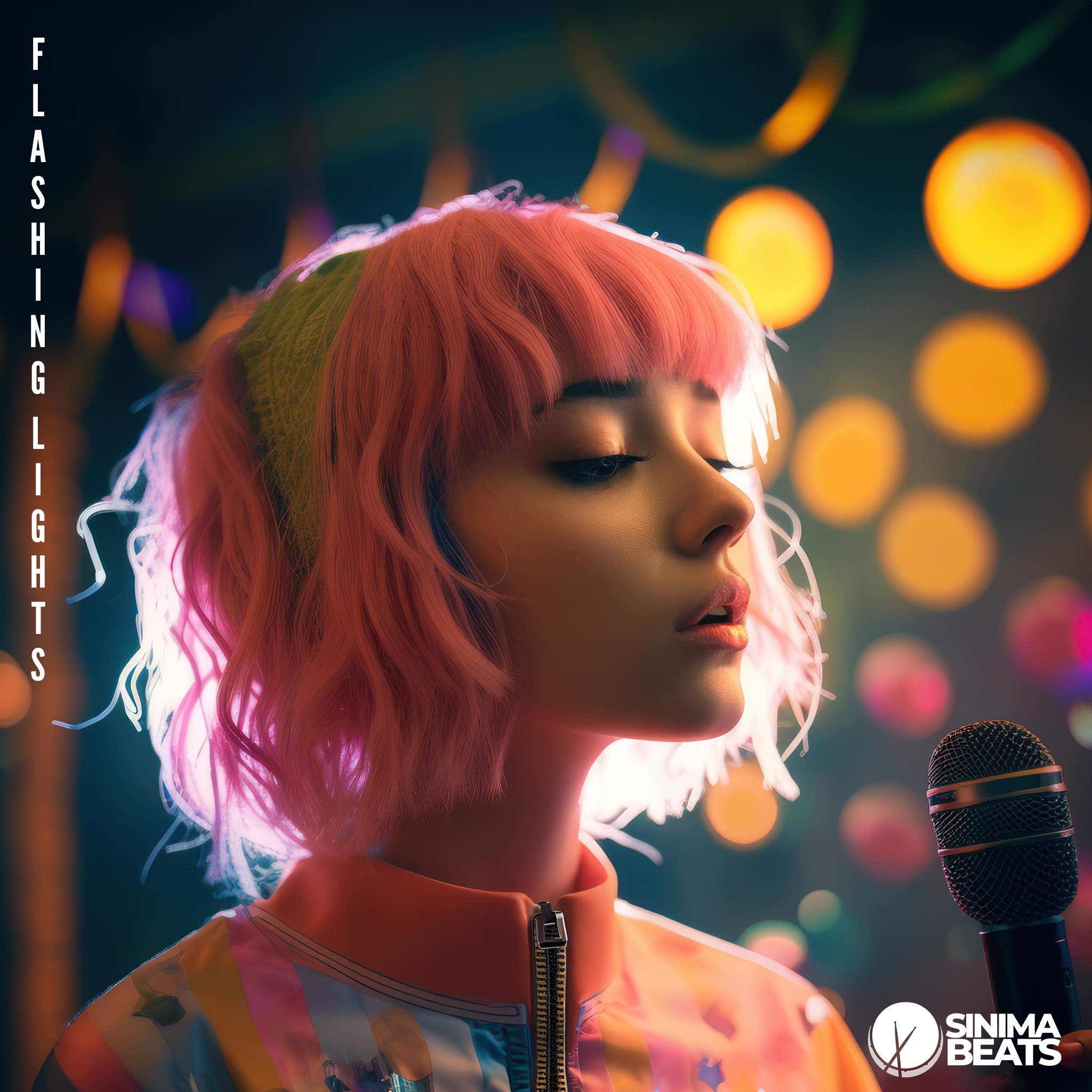 Close-Up of Young Woman with Short Pink Hair and Green Headband Wearing Colorful Eccentric Clothing, Singing on Stage and Holding a Microphone with Bokeh Effect - Flashing Lights