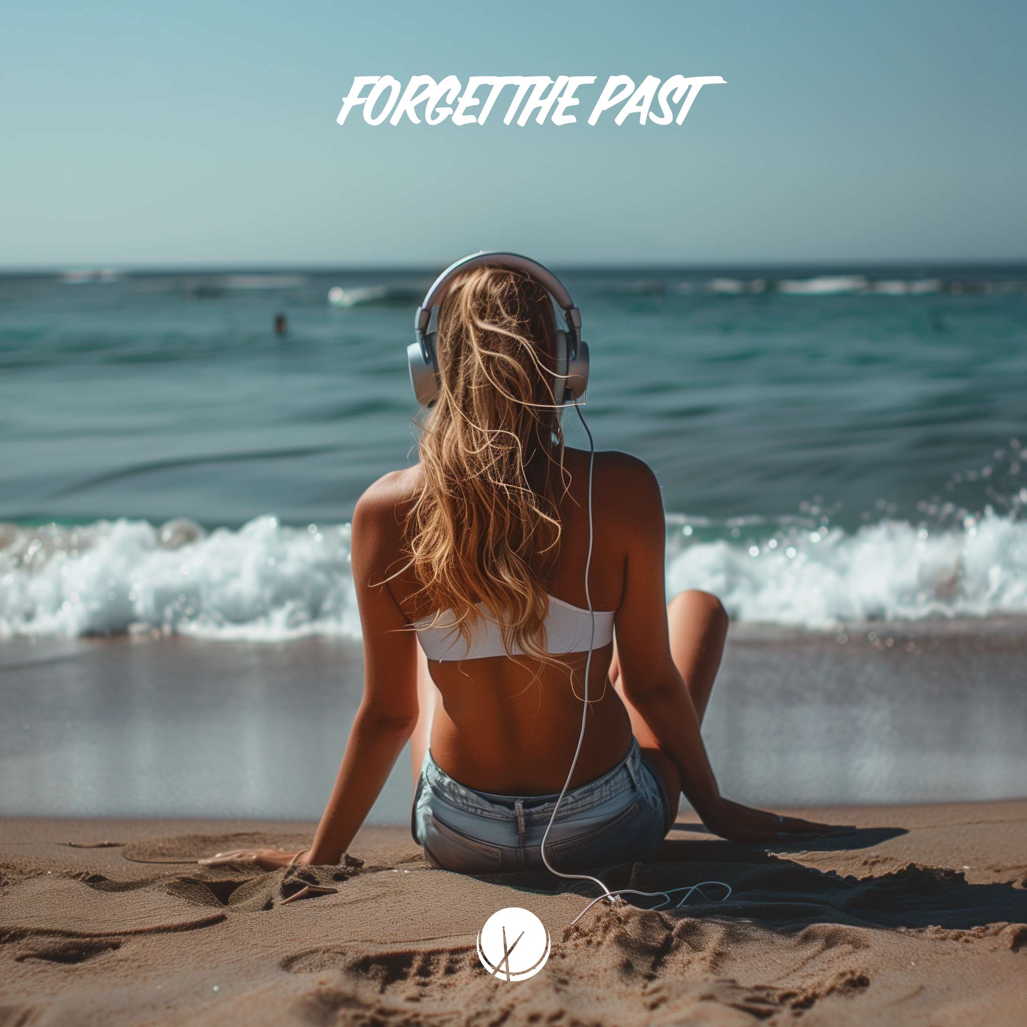 Blonde Woman in Blue Jean Shorts and Bikini Top Facing Out and Listening to Music with Headphones on a Sunny Beach - Forget the Past Photograph