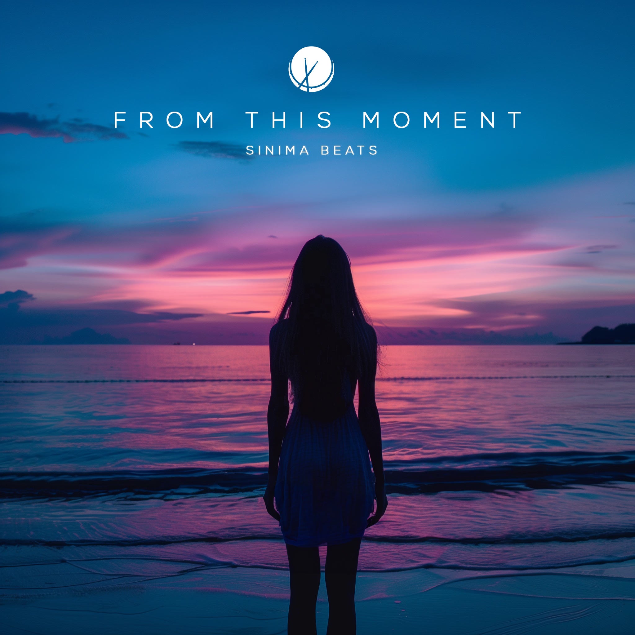 Silhouette of a young woman in a dress standing by the sea at twilight, capturing a serene and beautiful moment. Title: 'From This Moment.'