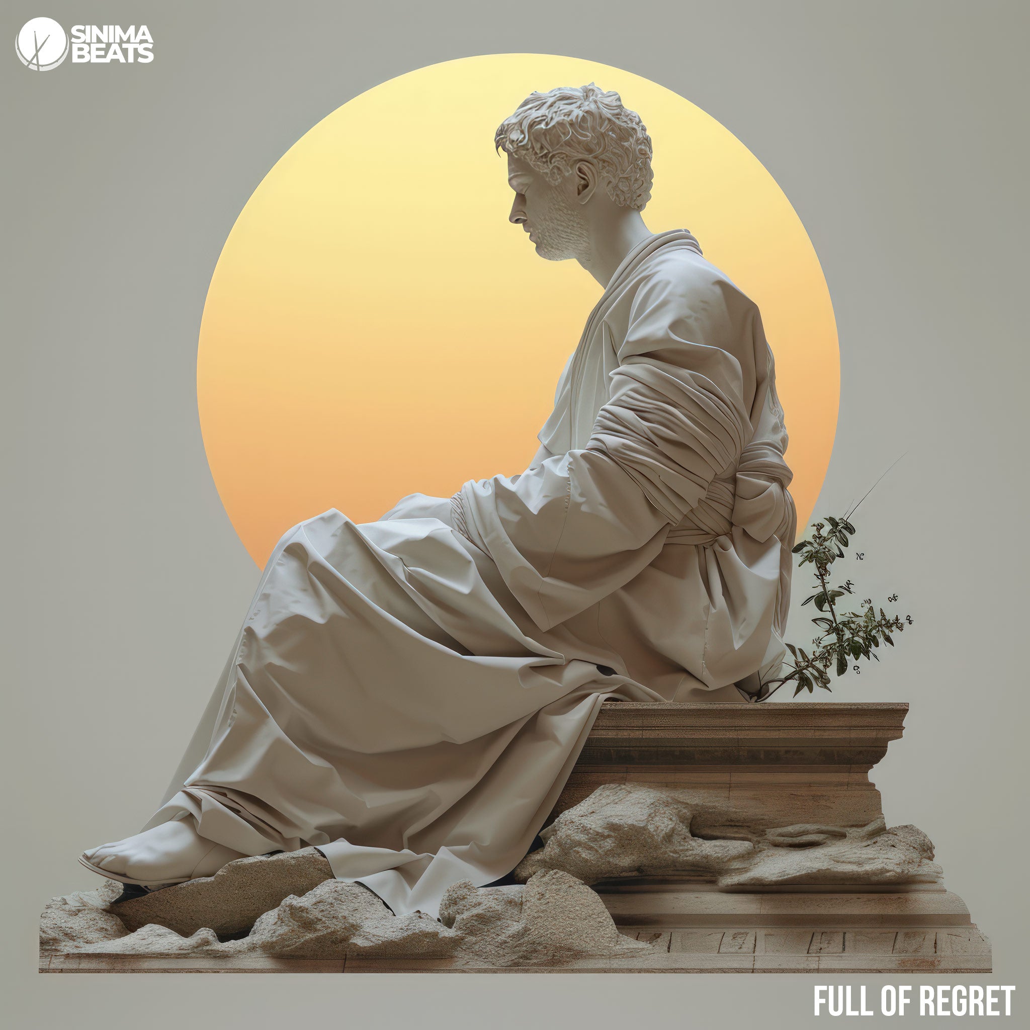 Stone Sculpture of Philosopher in Contemplation by Green Plant with Large Sun in the Background - Full of Regret