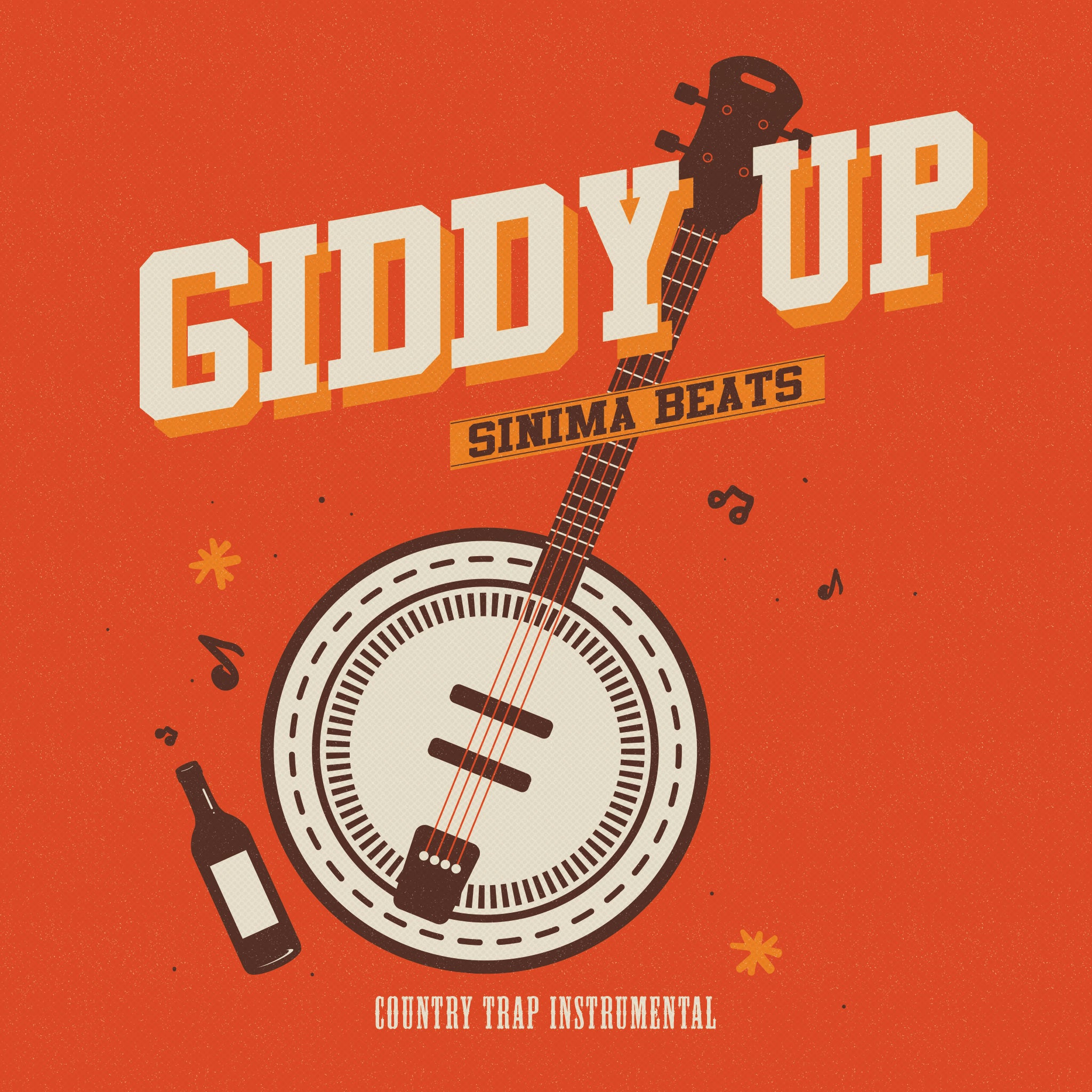Banjo Illustration with Musical Notes on Orange Background - Giddy Up