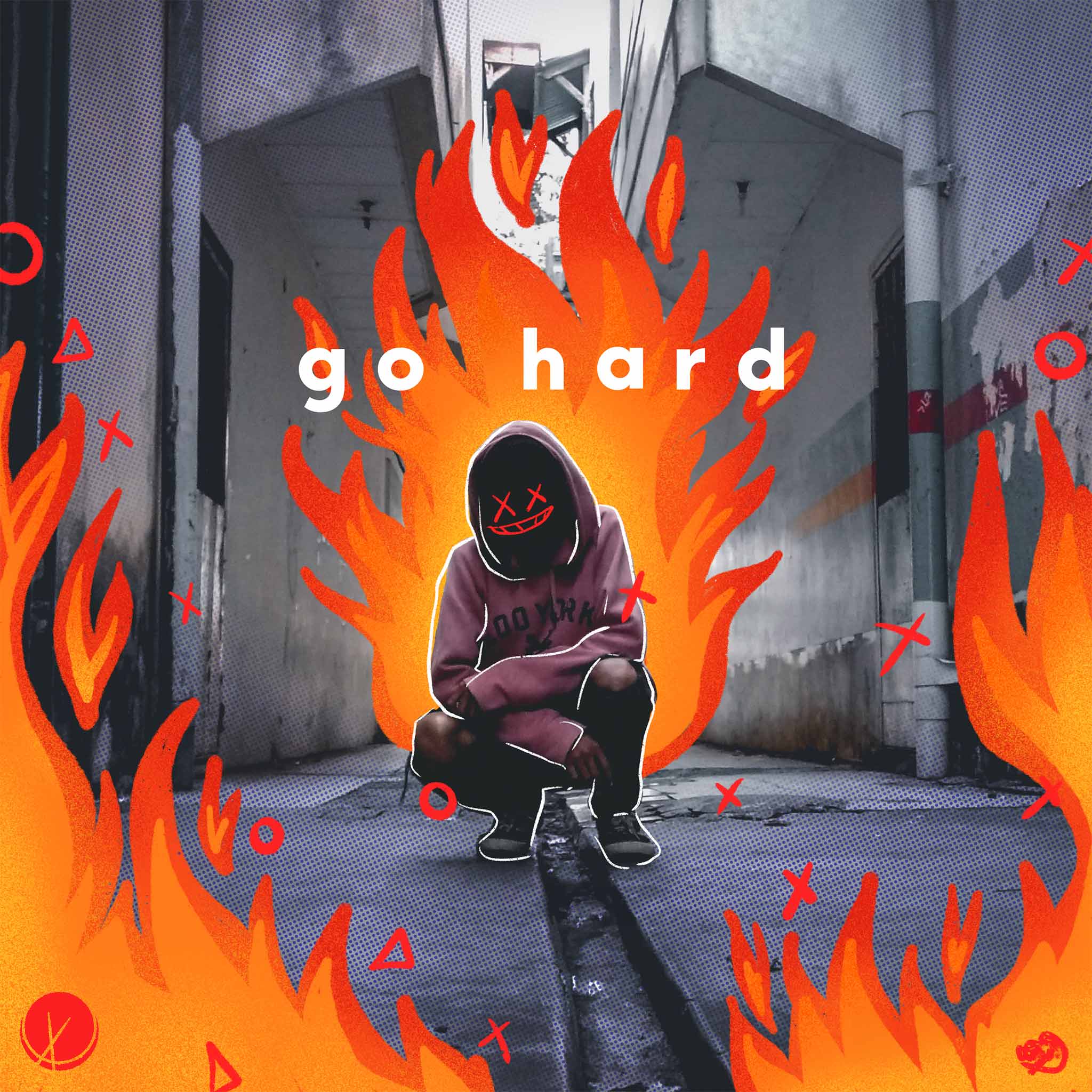 Go Hard: A captivating blend of photo and illustration featuring a young man with hand-drawn eyes and mouth, set against an urban grayscale background. Illustrated flames in bright red and orange add an intense touch.