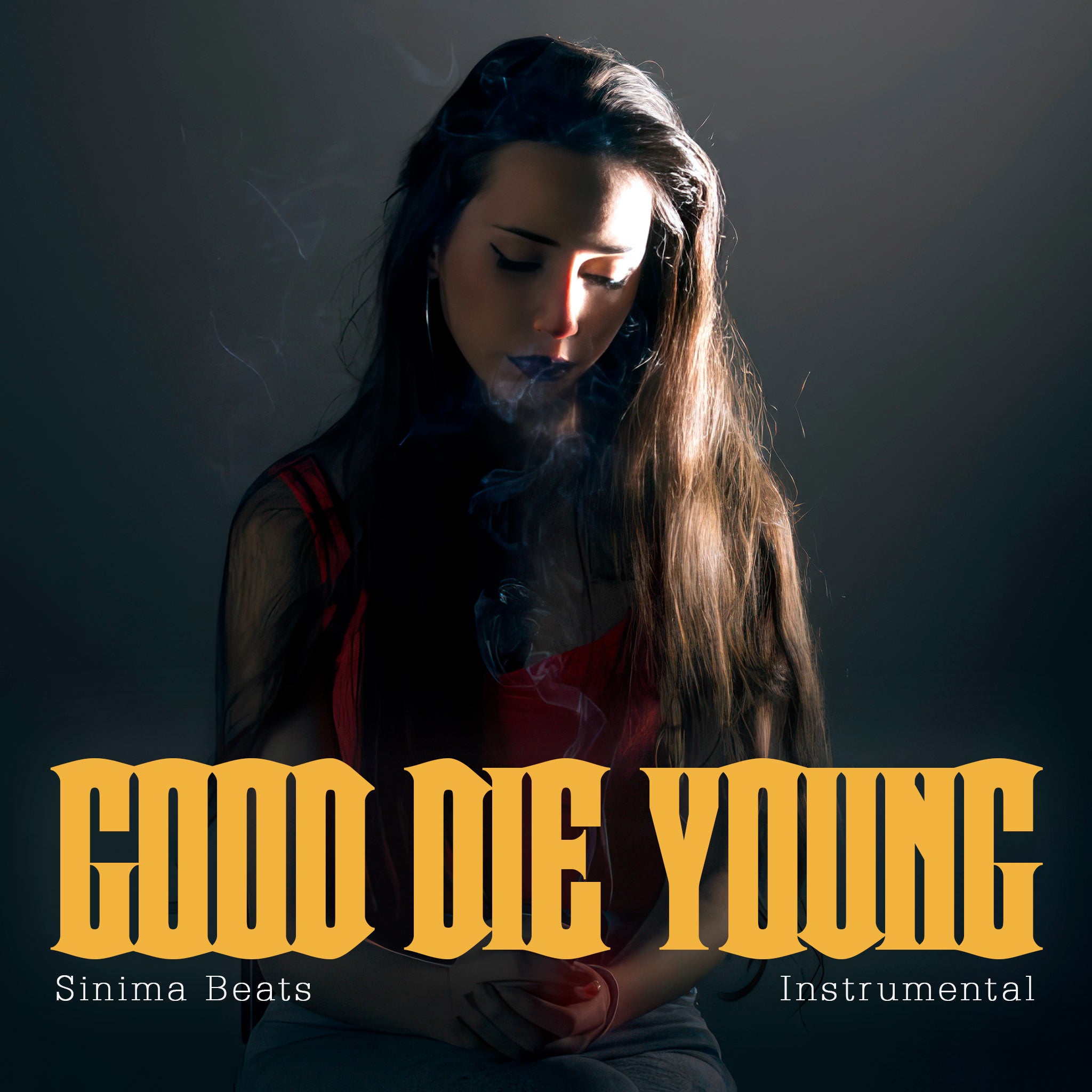 Beautiful Young Woman with Straight Brown Hair in Red Tank Top Sitting and Smoking with Stressed Appearance - Good Die Young