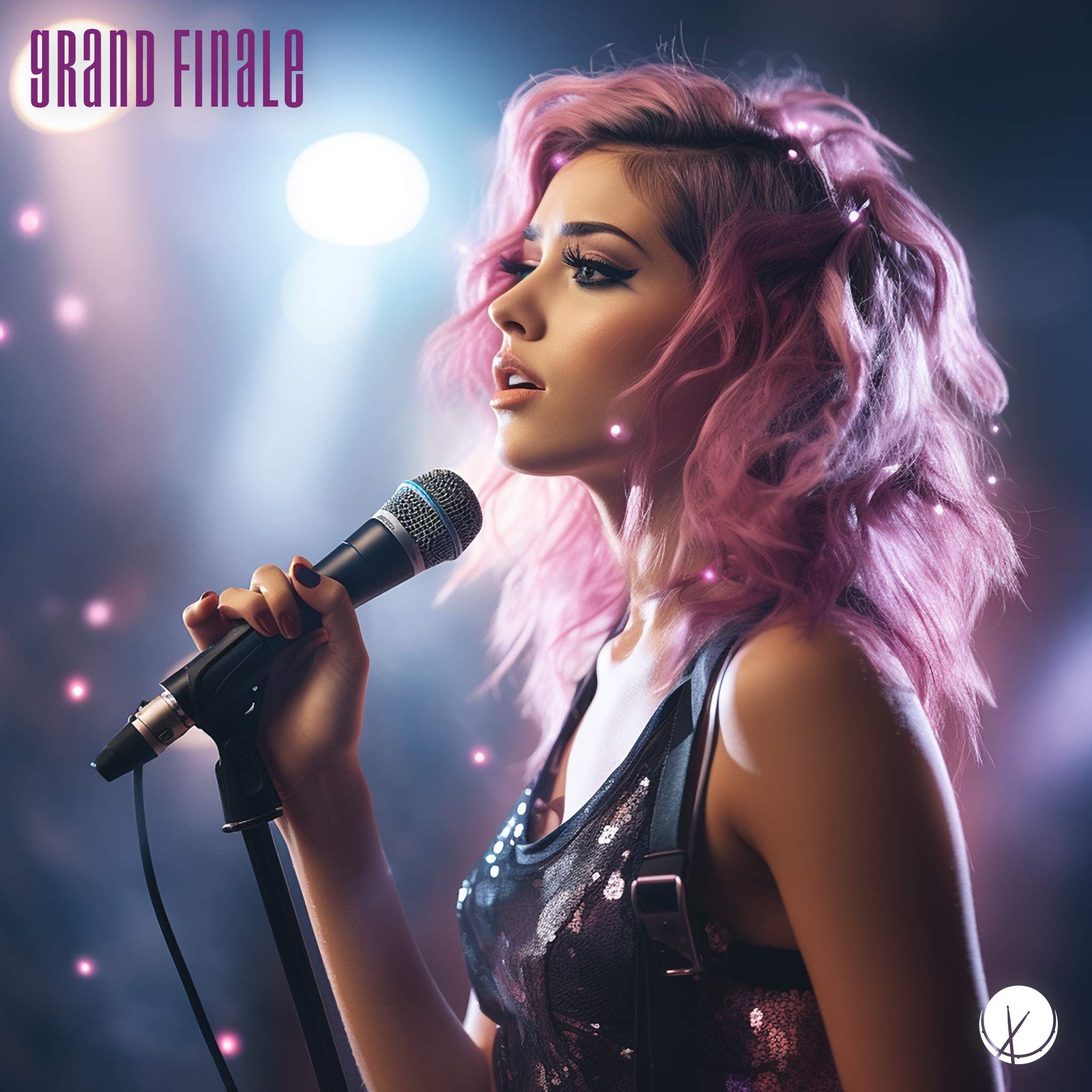 Grand Finale: Beautiful Female Vocalist with Purple Hair, Wearing Lights on Head and black tank top, On Stage Holding a Microphone. Lighting Shining Down in a Live Concert.