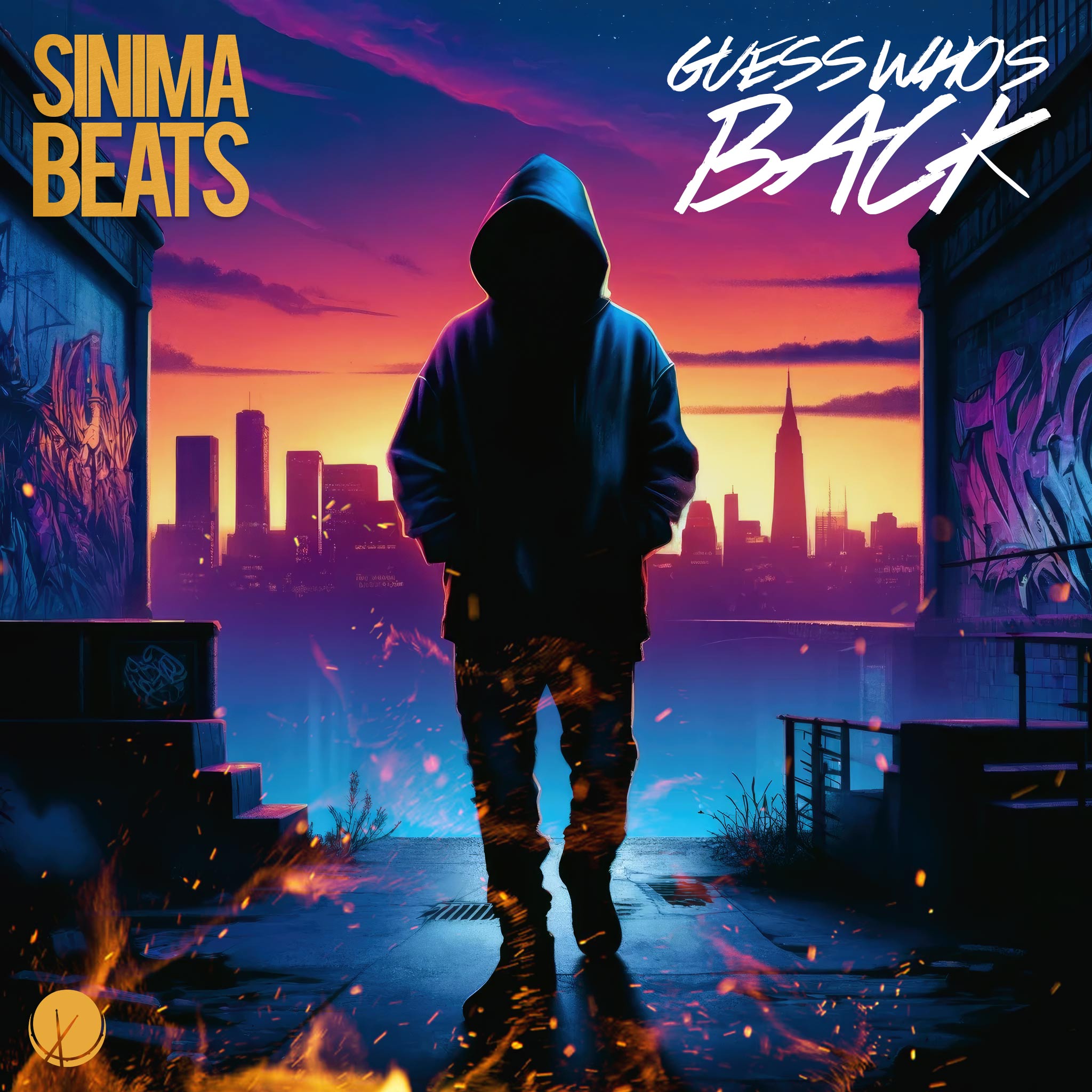 A rapper wearing a hoodie, walking with bold confidence against the iconic New York City skyline. The streets are alive with energy, the backdrop painted with vivid graffiti walls that capture the raw essence of hip-hop culture. - SINIMA BEATS (Guess Who's Back) Club Hip Hop Instrumental