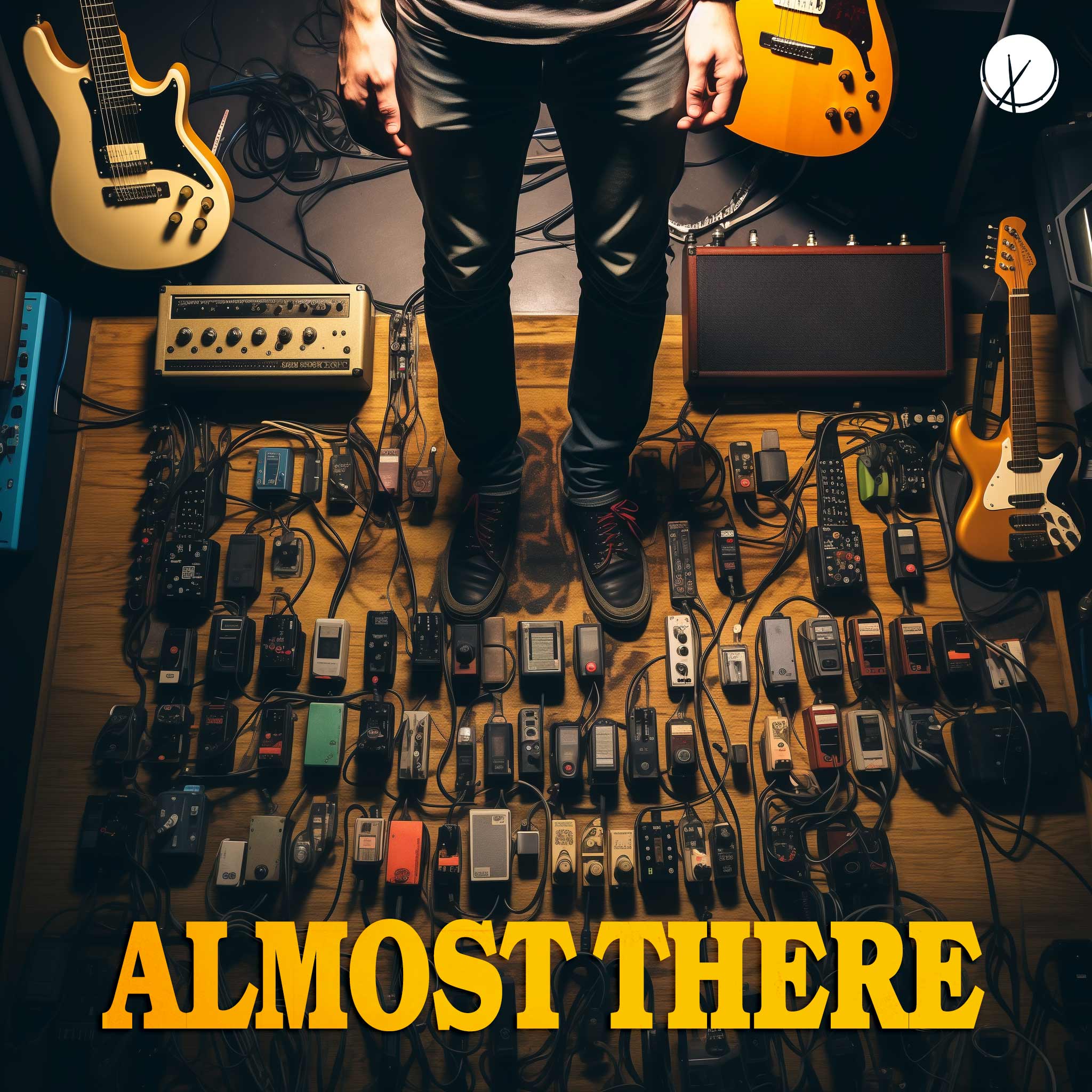 8K image capturing a guitar pedalboard, looking down at pedalboards scattered on the floor. The guitarist's feet (wearing sneakers and just jeans) are visible, with soft lighting, dust particles, and a smooth atmosphere. Title: "Almost There."