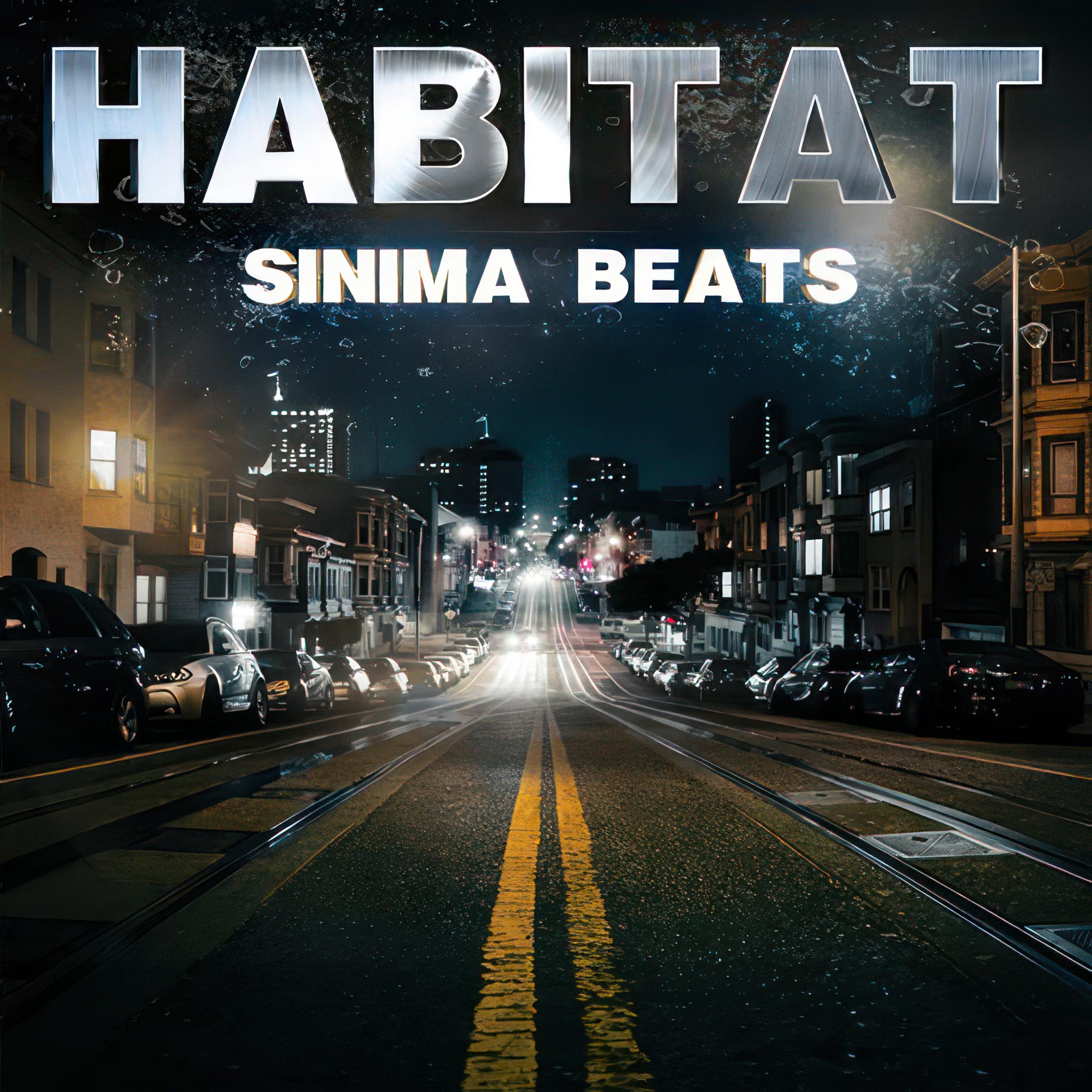 Urban Street at Night with Road, Cars, Shattered Glass, and Deep Blue Sky - Habitat