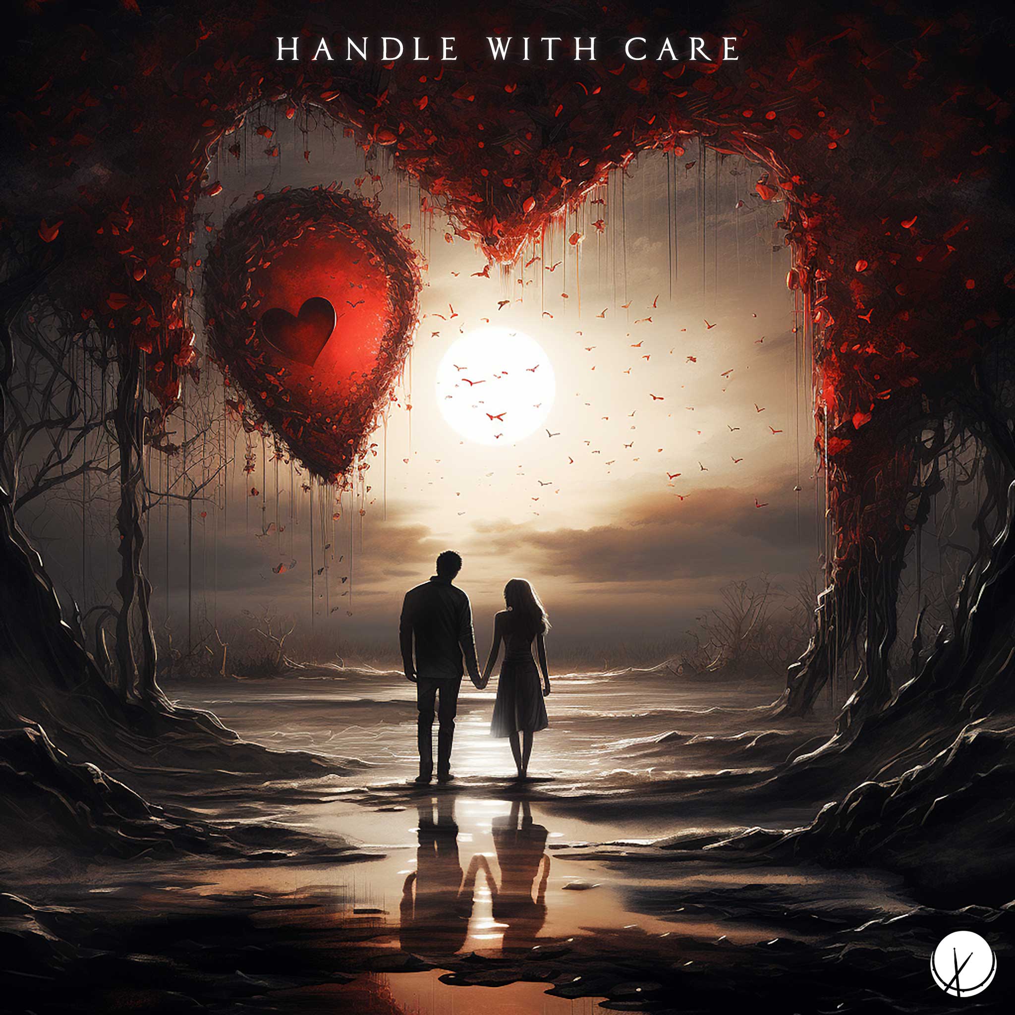 Heartwarming scene titled "Handle with Care" featuring a young couple walking through a cave with water on the ground. The sun is about to set, and red hearts are scattered everywhere, with birds adding a touch of romance to the atmosphere.
