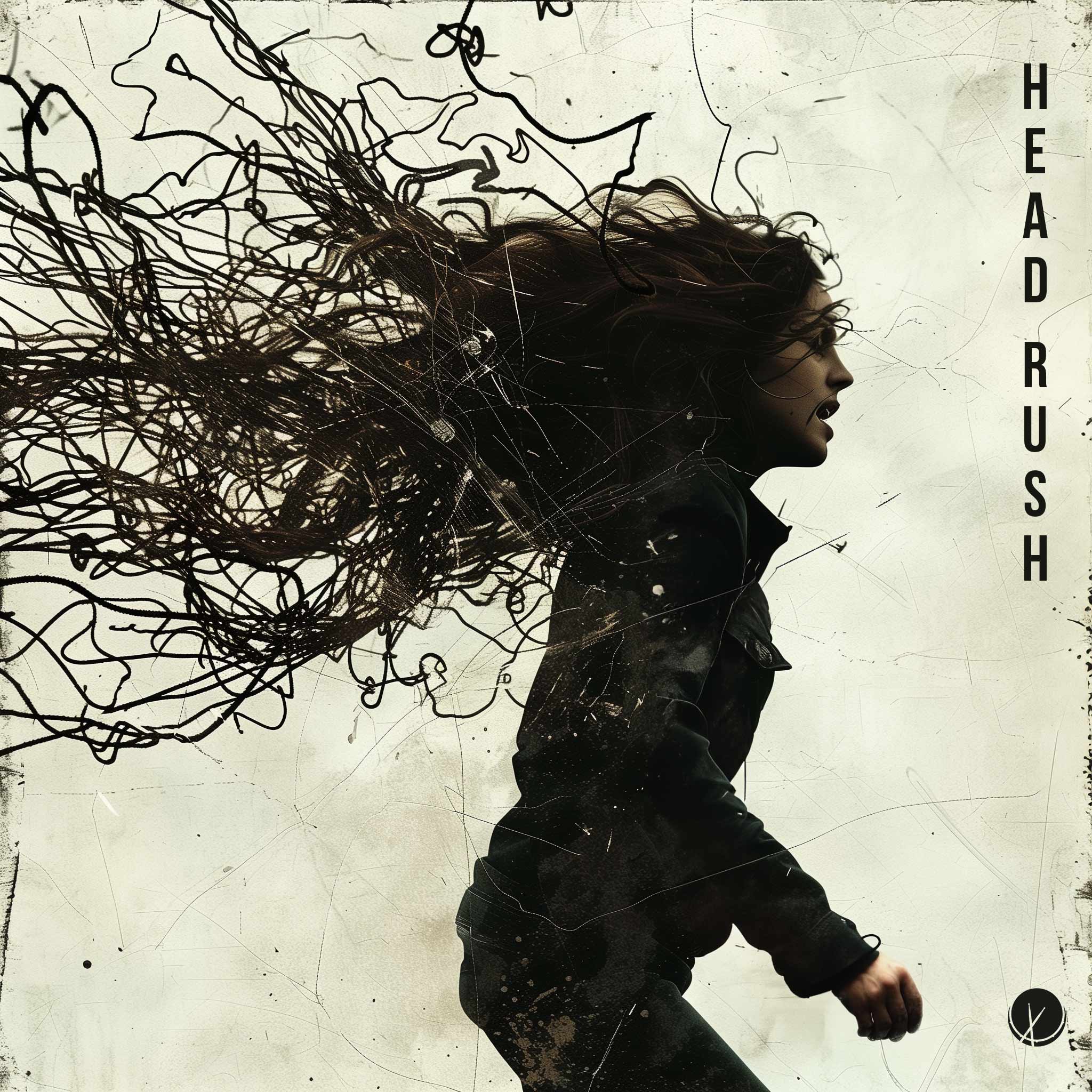 Alternative Rap Rock Cover Art of Woman with Hair Made of Chaotic Strings Walking in Side Profile View Against Rugged and Grunge Background - Head Rush