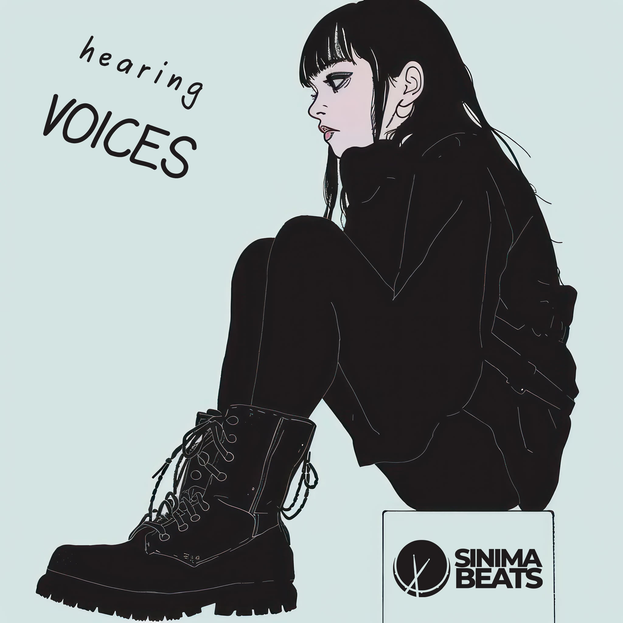Neo-Pop Clip Art Style of Goth Girl with Pale Skin and Black Hair Sitting, Wearing All Black with Boots - Hearing Voices