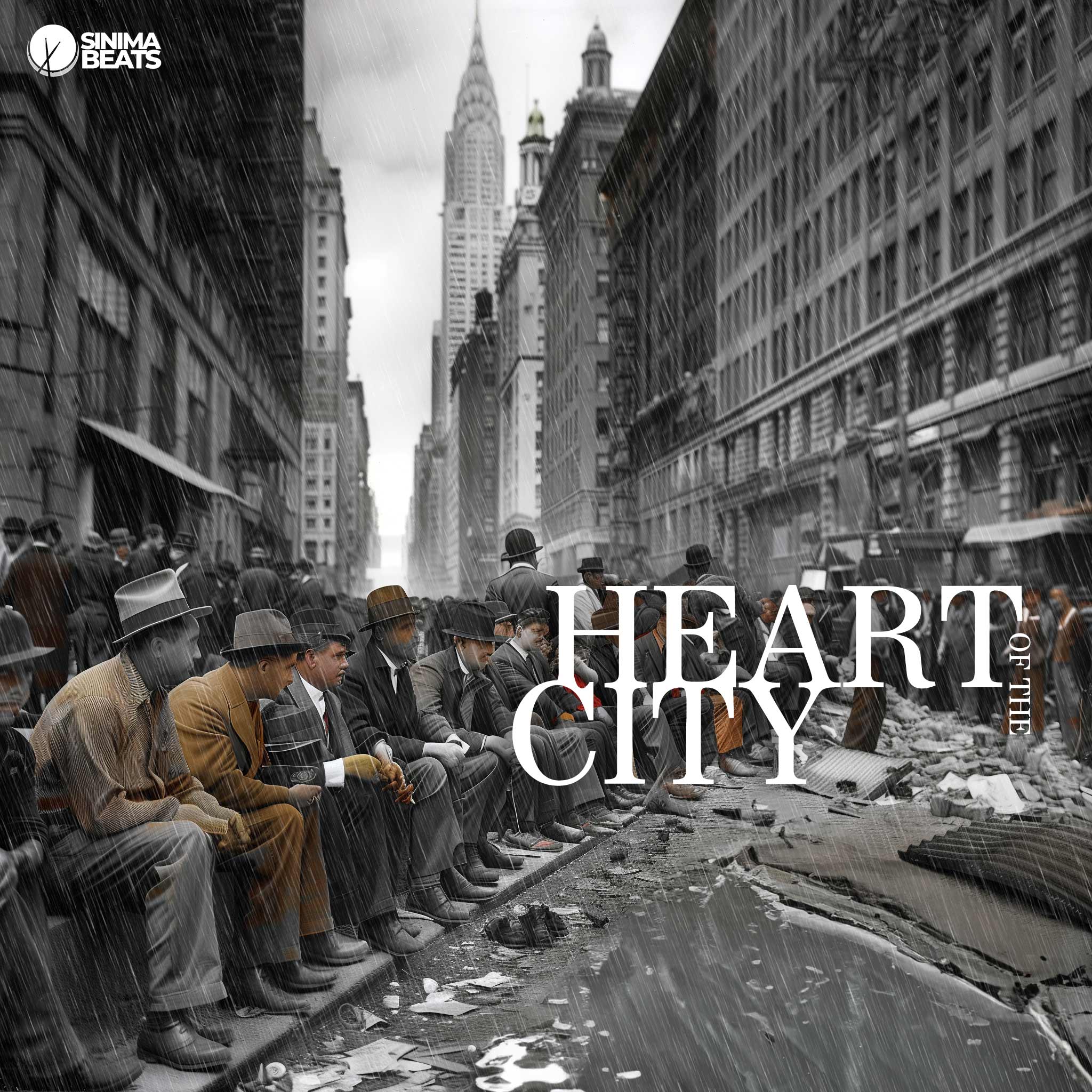 Blended Black and White with Color Depiction of New York City Crowd Sitting in Rainfall with Large Puddle - The Great Depression - Heart of the City