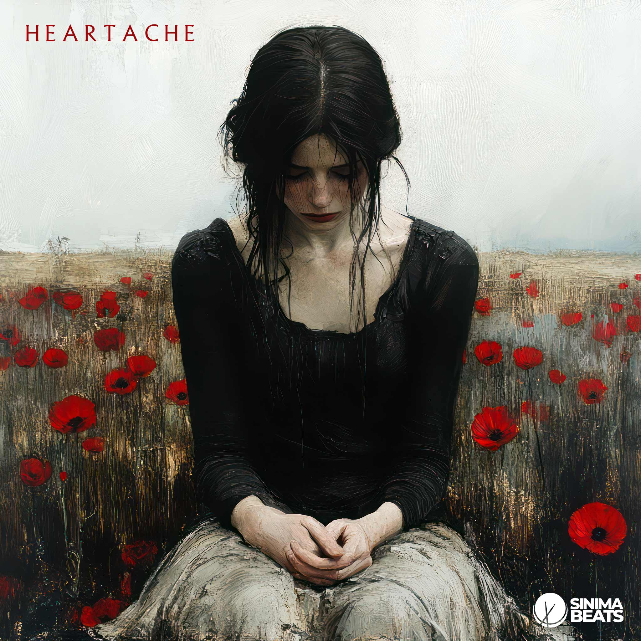 Heartache R&B cover art showing a sad woman with long dark hair and pale skin, sitting in a field, wearing a black top and white skirt, surrounded by red roses, conveying a feeling of sorrow and loneliness.
