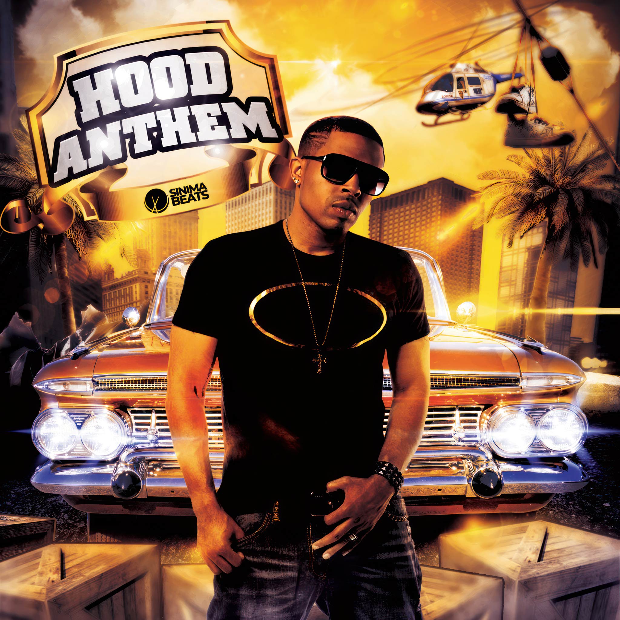Rapper Wearing Black Shirt Standing in Front of Red Drop-Top Car, Chaotic City Scene, Helicopter Above, Weaponry in Crates, Shoes Hanging from Power Line, California, Gangs, Trap Music Cover Art Design - Hood Anthem