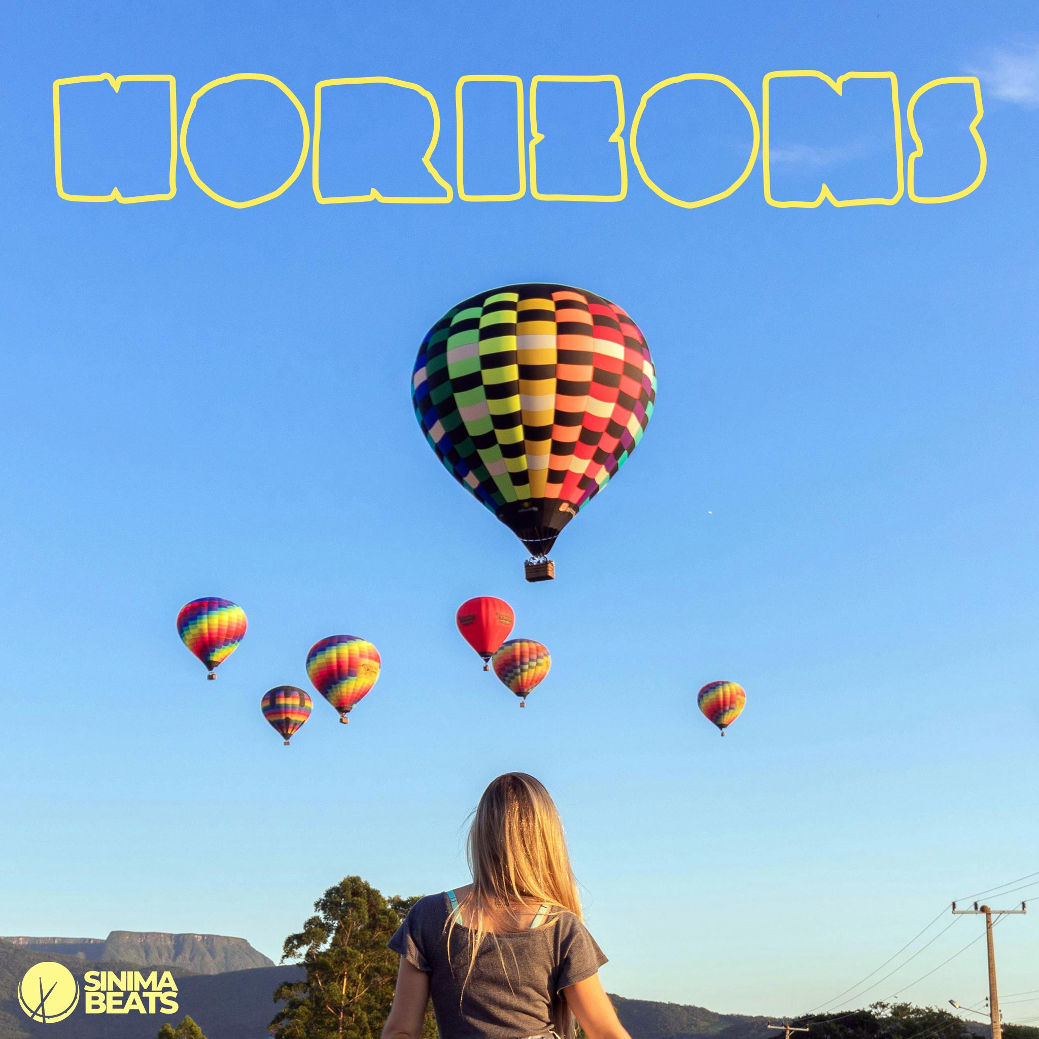 Blonde woman facing the horizon as colorful hot air balloons rise over a scenic Brazilian landscape – symbolizing freedom, dreams, and new horizons. - SINIMA BEATS