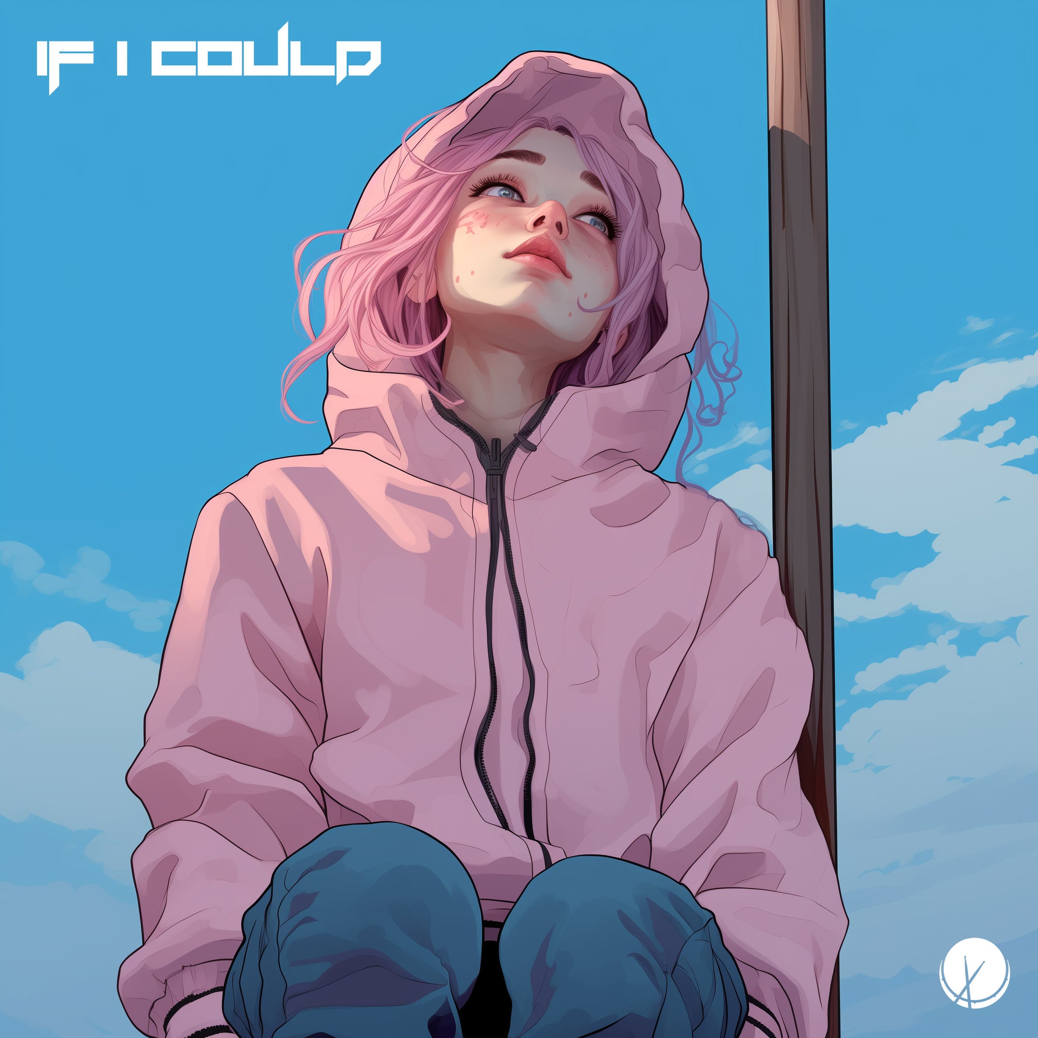 Animation-style cover art titled "If I Could" featuring a girl with a pink jacket and blue pants standing next to a wooden pole. The vibrant blue sky in the background adds a lively atmosphere to the composition.