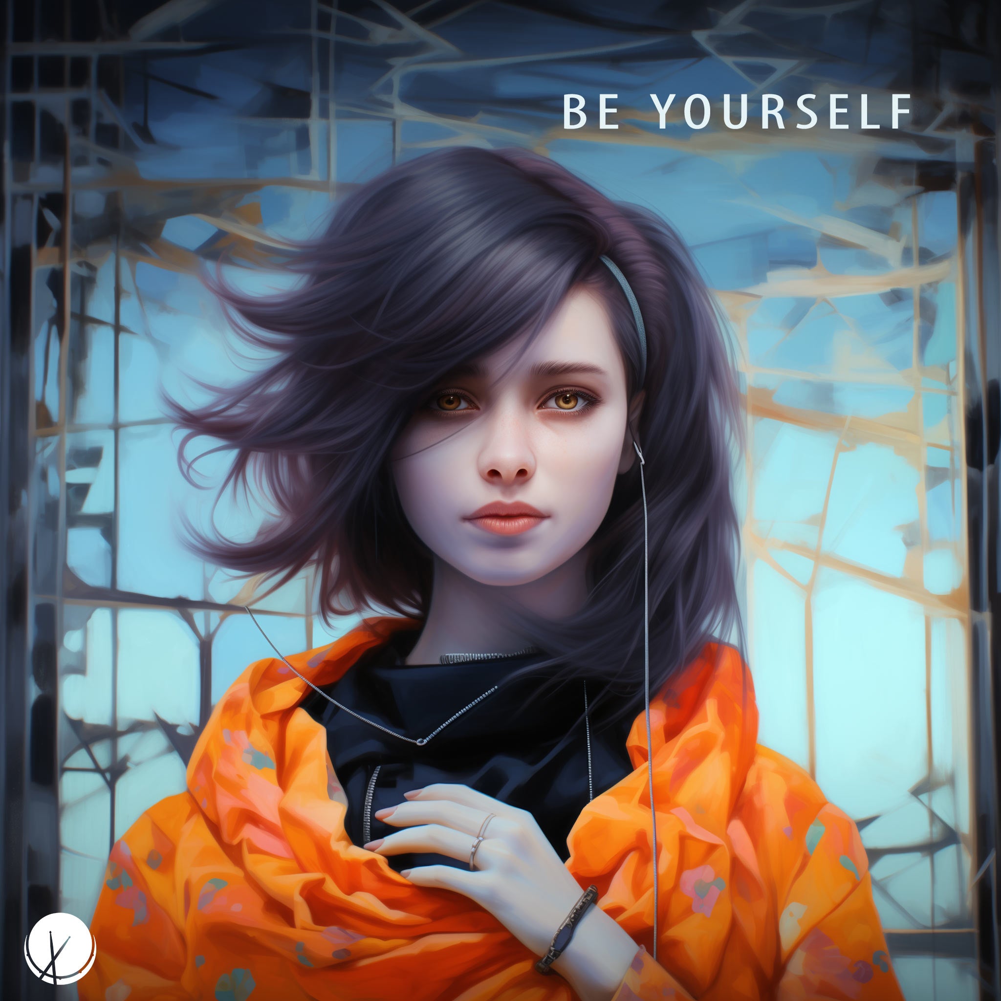 Illustration of a dark-haired young girl wearing an orange jacket with an eccentric background in blue tones. Title: "Be Yourself."