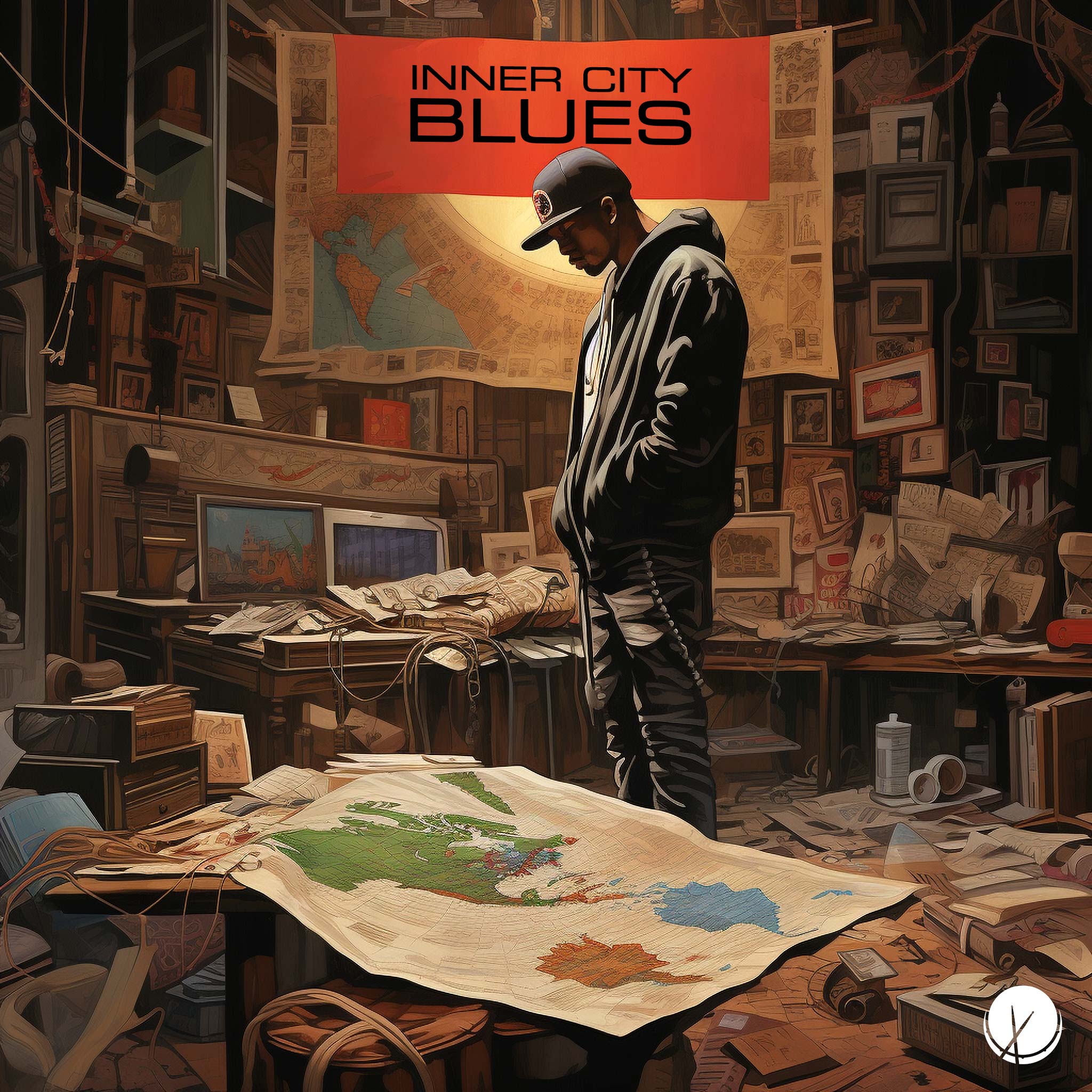 Rapper Standing Alone in Cluttered Room, Staring Down in a Depressed State - Inner City Blues Hip Hop Cover Art