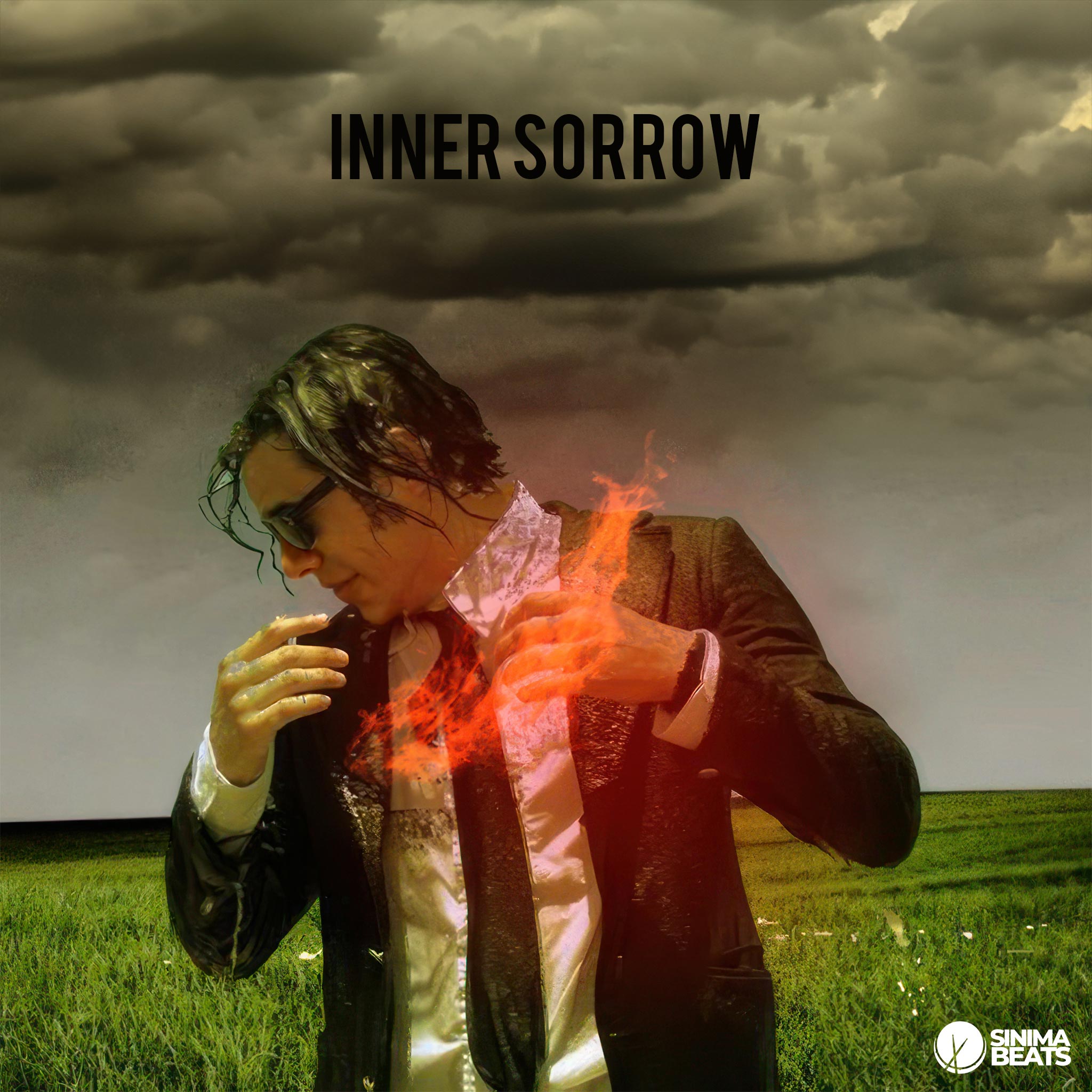 Man in Suit and Sunglasses with Head Turned, Flame Rising from Heart Area Amid Dark Clouds and Green Grass - Inner Sorrow