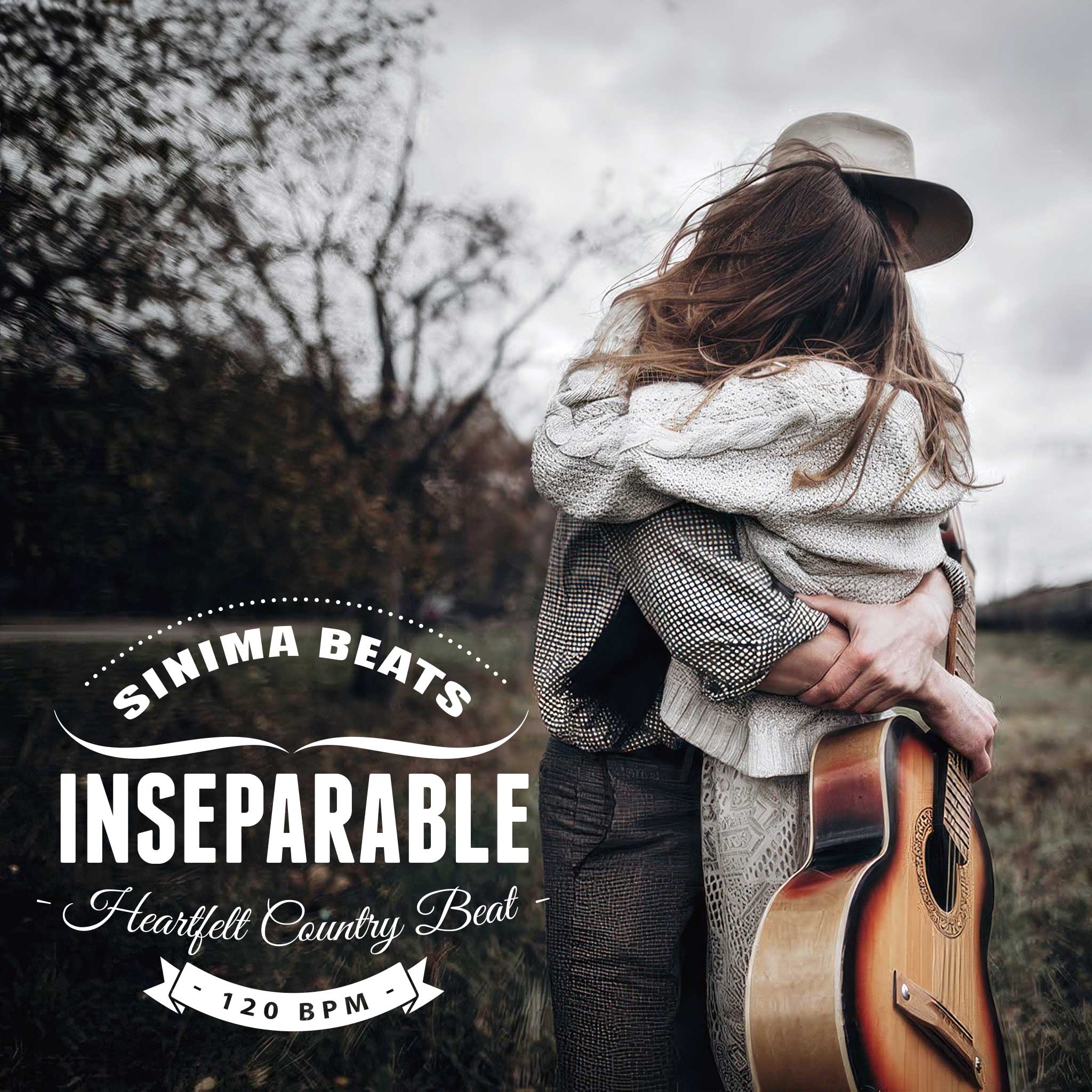 Couple Hugging Each Other by Trees with Acoustic Guitar Outside - Inseparable Country Cover Art