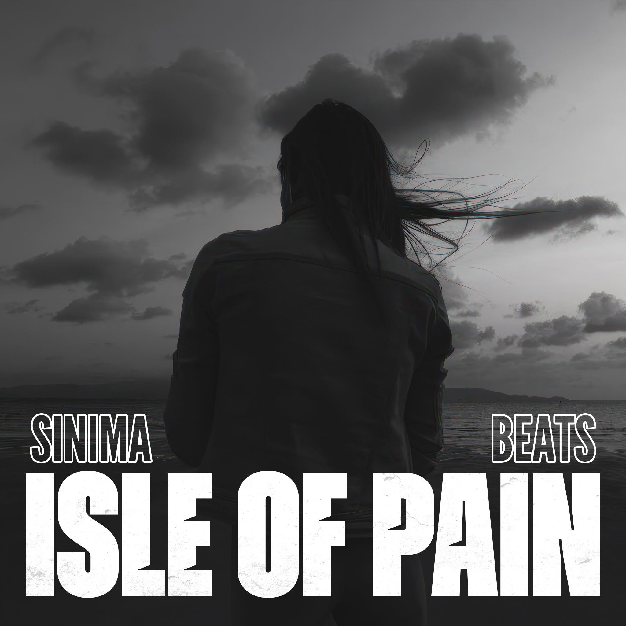 Woman with Long Dark Hair Wearing a Jean Jacket Standing by Ocean Grayscale Afropop Cover Art. Title: "Isle of Pain."