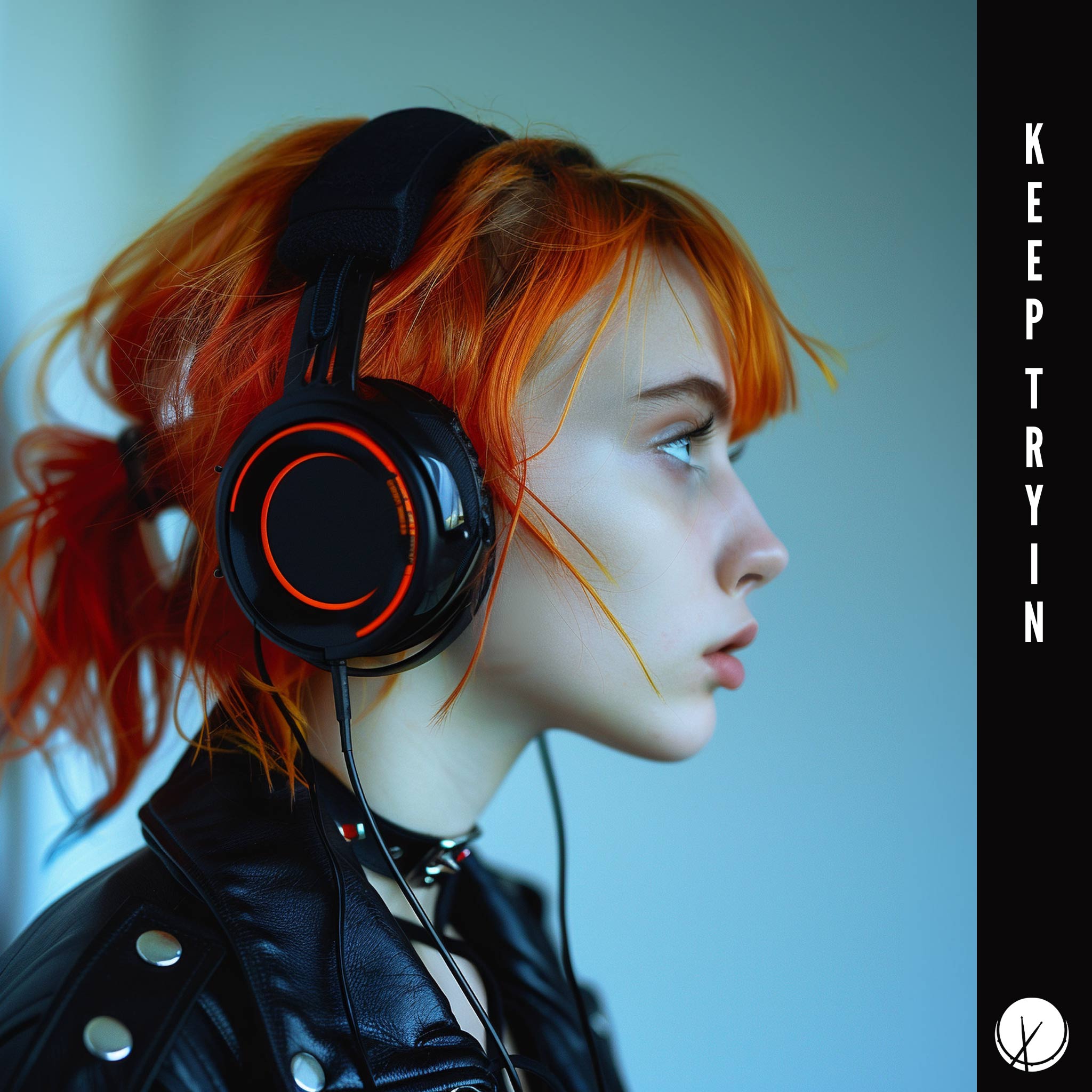 Pretty Punk Girl with Bright Red Hair Listening to Music with Headphones in Black Leather Jacket - Keep Tryin' (Close-Up with Blue Background)