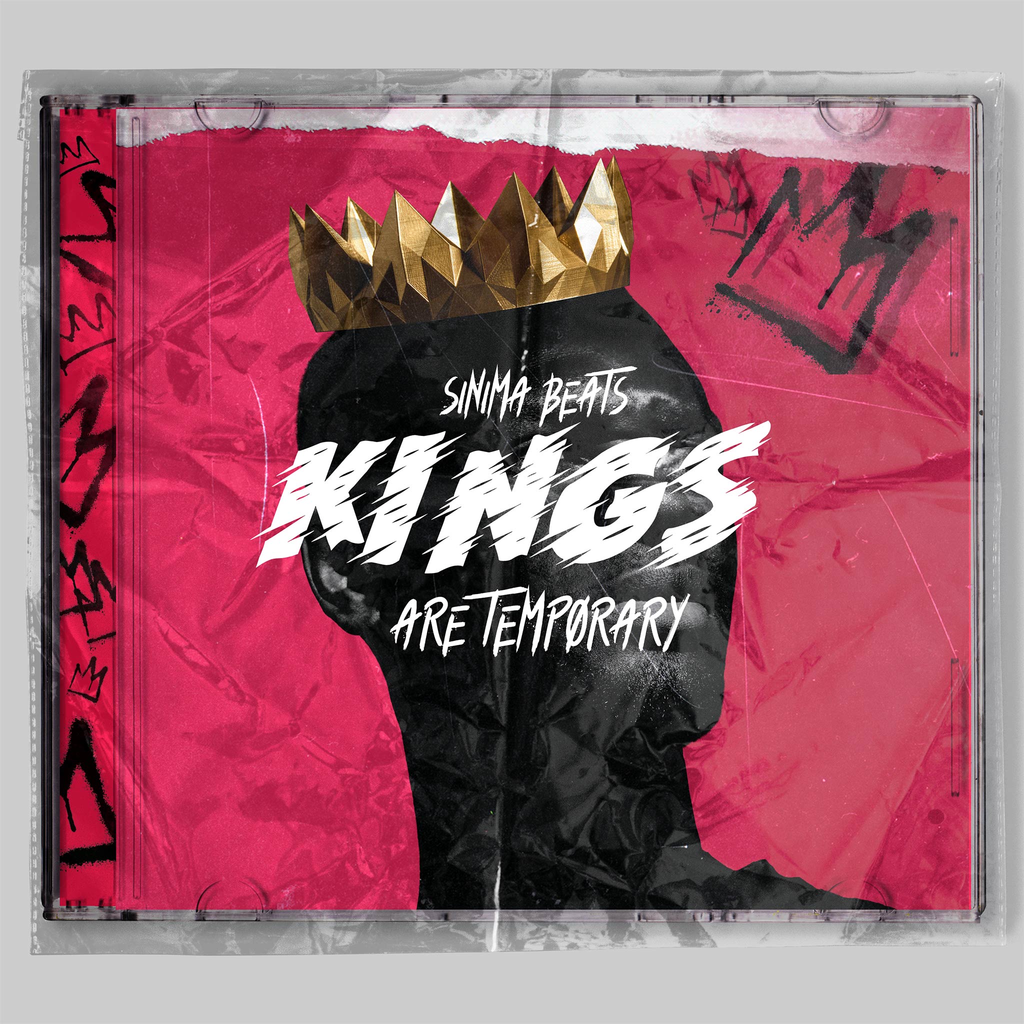 Man with Golden Crown on Bright Red Paper Texture Background with Spray-Painted Crowns - Kings Are Temporary Hip Hop Cover Art CD Jewel Case with Plastic Insert Mock Up