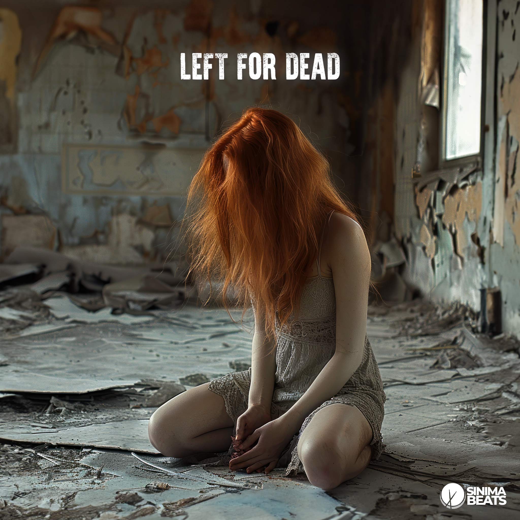Cinematic Photograph of Red-Haired Woman Kneeling and Crying in the Middle of an Abandoned Room with Decayed Walls - Left for Dead
