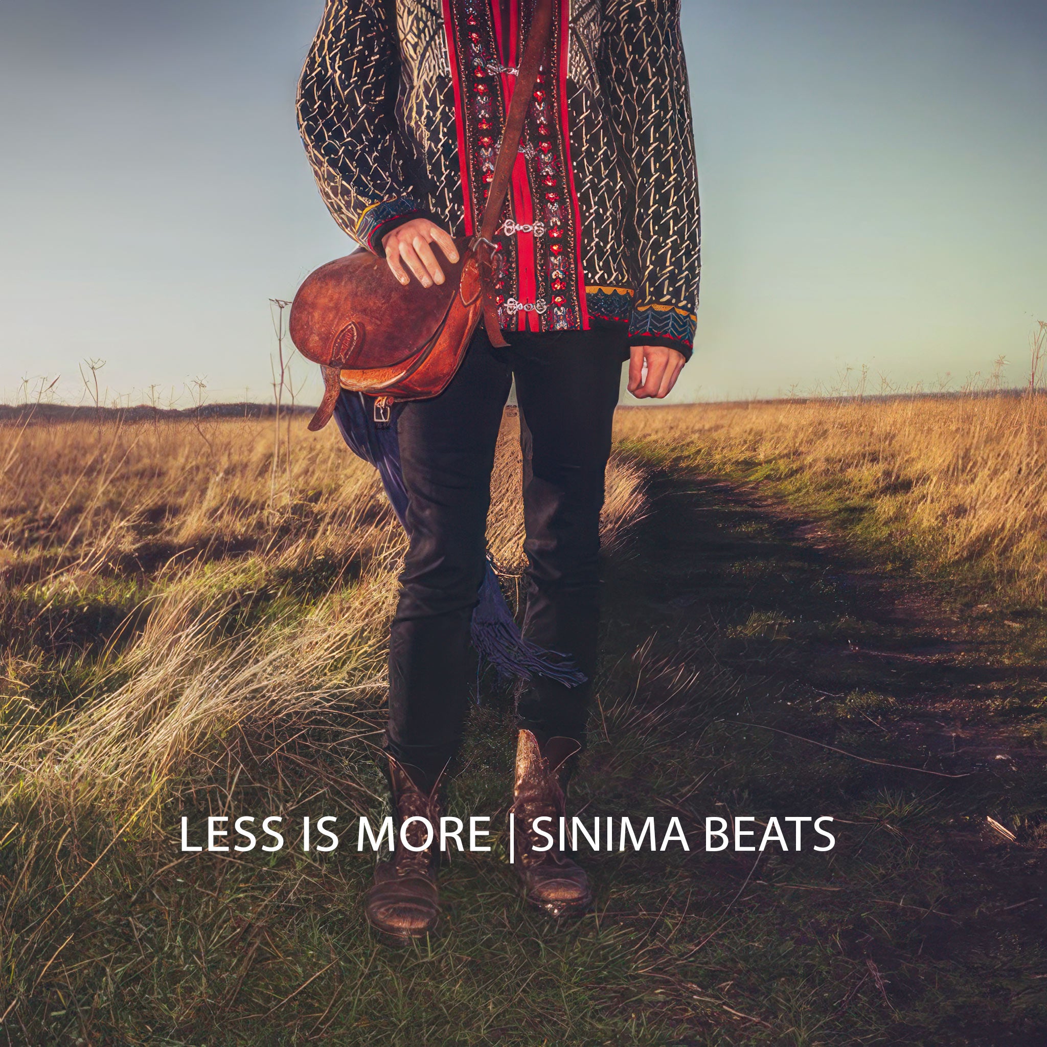 Woman Standing in Wheat Field with Leather Shoulder Bag, Purple Scarf, Multi-Colored Button Sweater, Black Jeans, and Boots - Less Is More