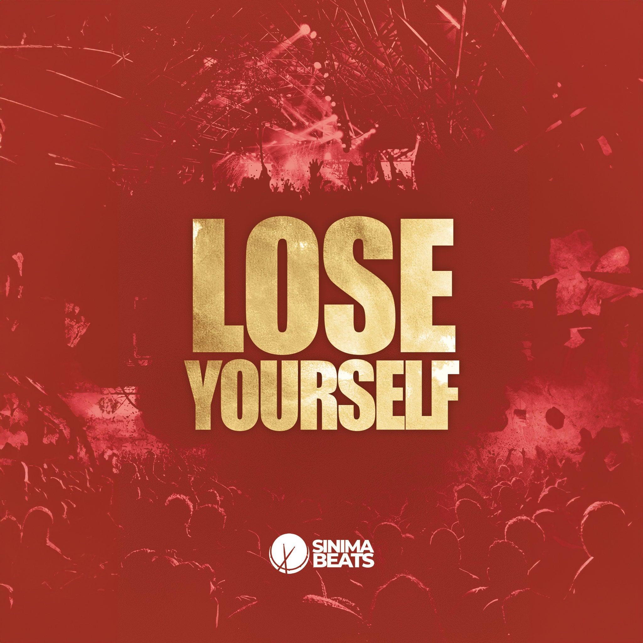 Red Hip-Hop Cover Art with Large Title in Golden Textured Text and Massive Crowds - Lose Yourself