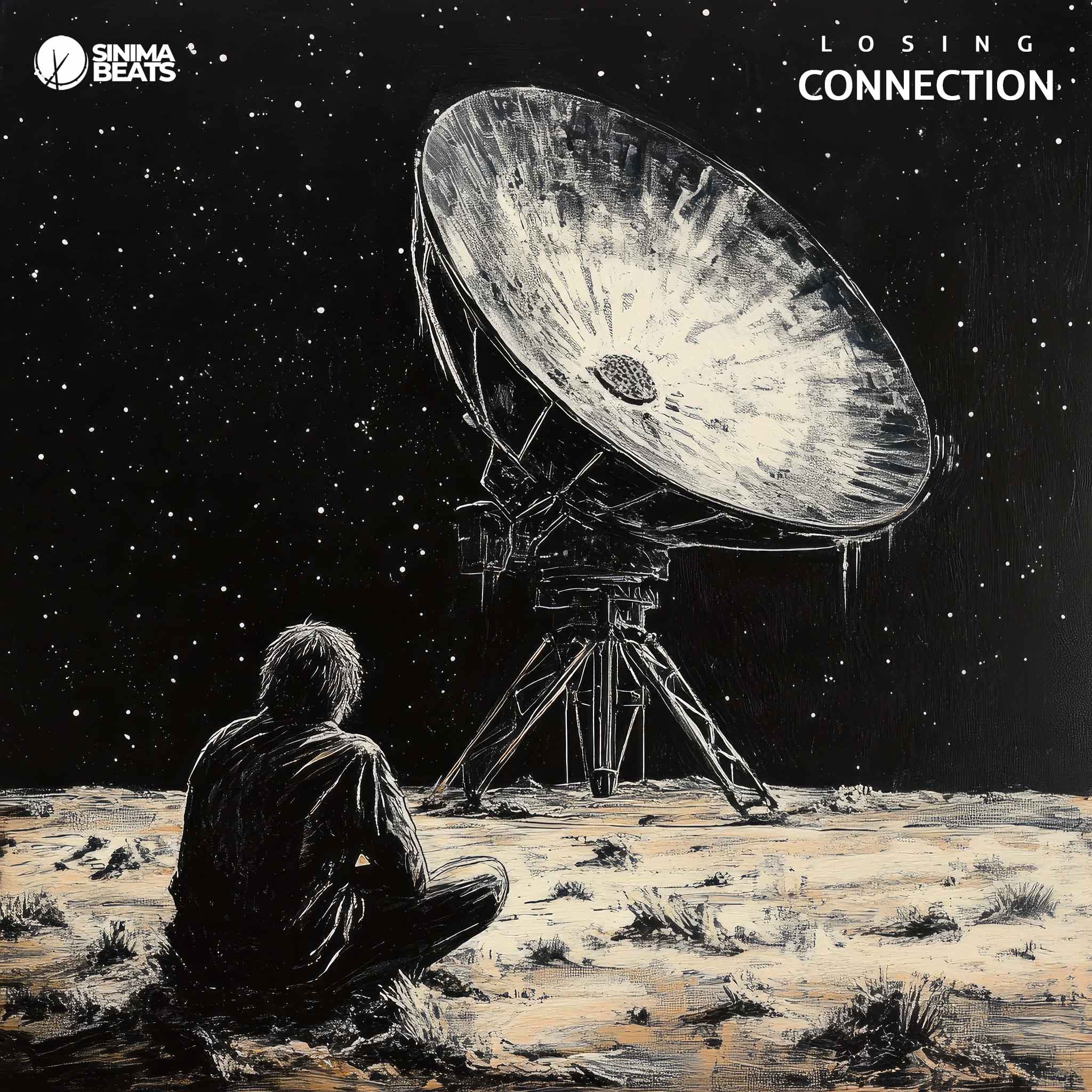 Man Sitting in Front of Satellite Unable to Receive Signal with a Black Background and Star-Filled Cosmos - Liquid Dubstep Cover Art Design - Losing Connection