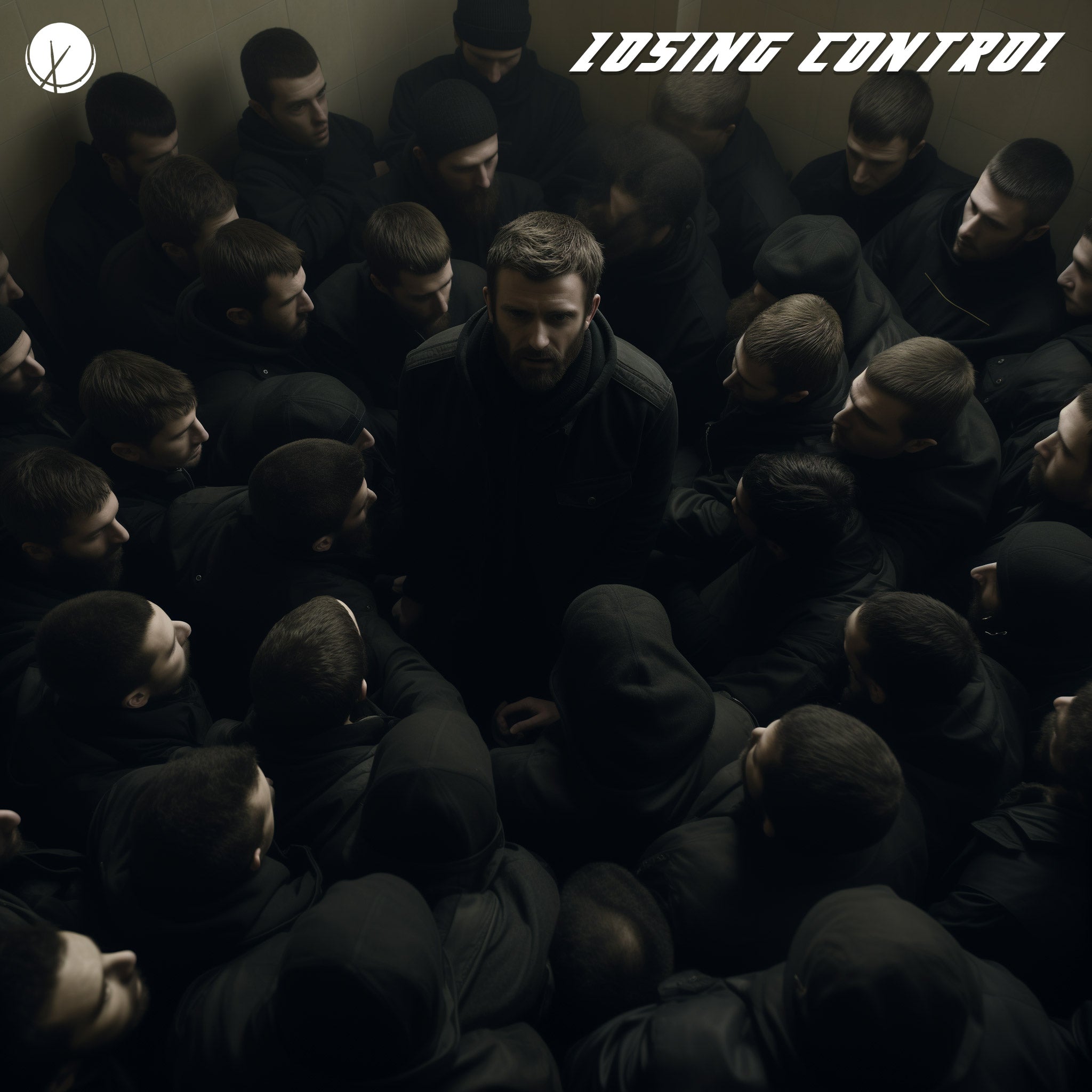 Scene in a crowded room where all men are wearing all black. Everyone is facing one man who seems to be stressed from getting surrounded. Title: "Losing Control."