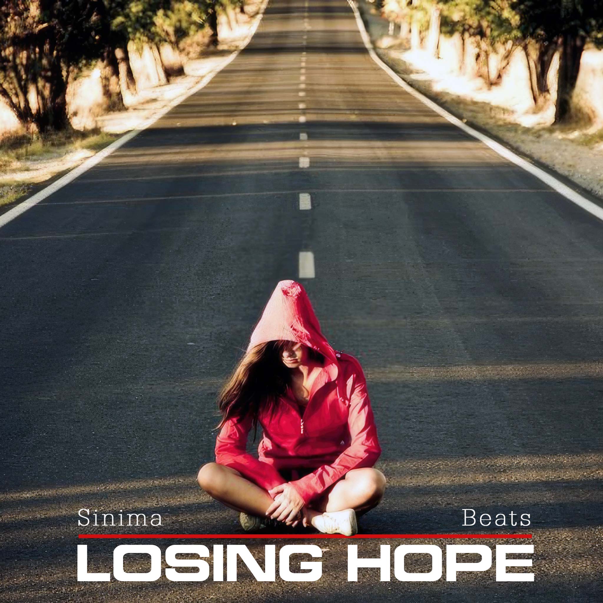 Young Girl Wearing Pink Hooded Jacket Sitting Indian Style on a Road During Daytime, Head Tilted Down in Despair - Losing Hope