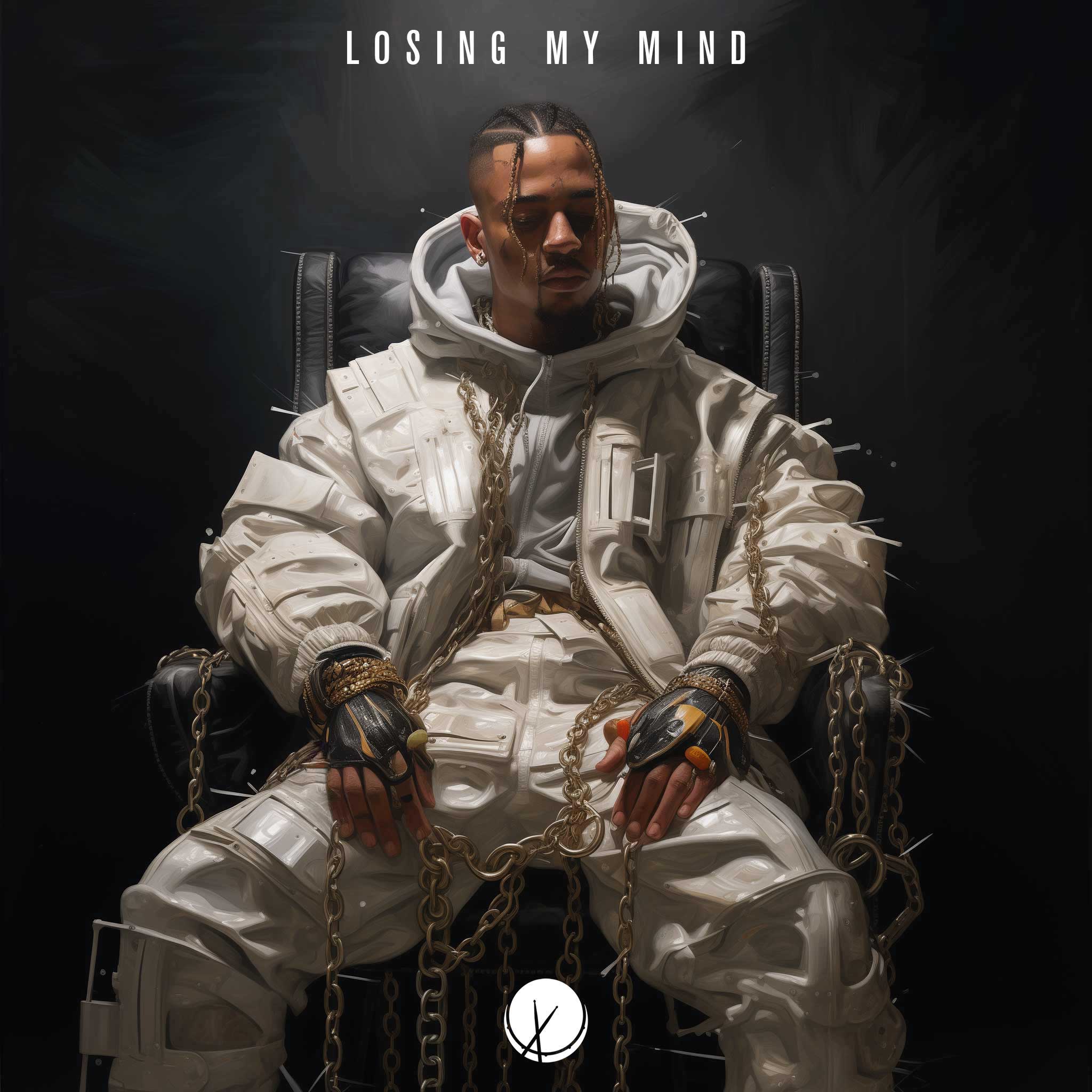 Losing My Mind: Hispanic Man in White Puffy Jacket and Pants Sitting on a Black Leather Chair, Chained, with a Crazy Expression.