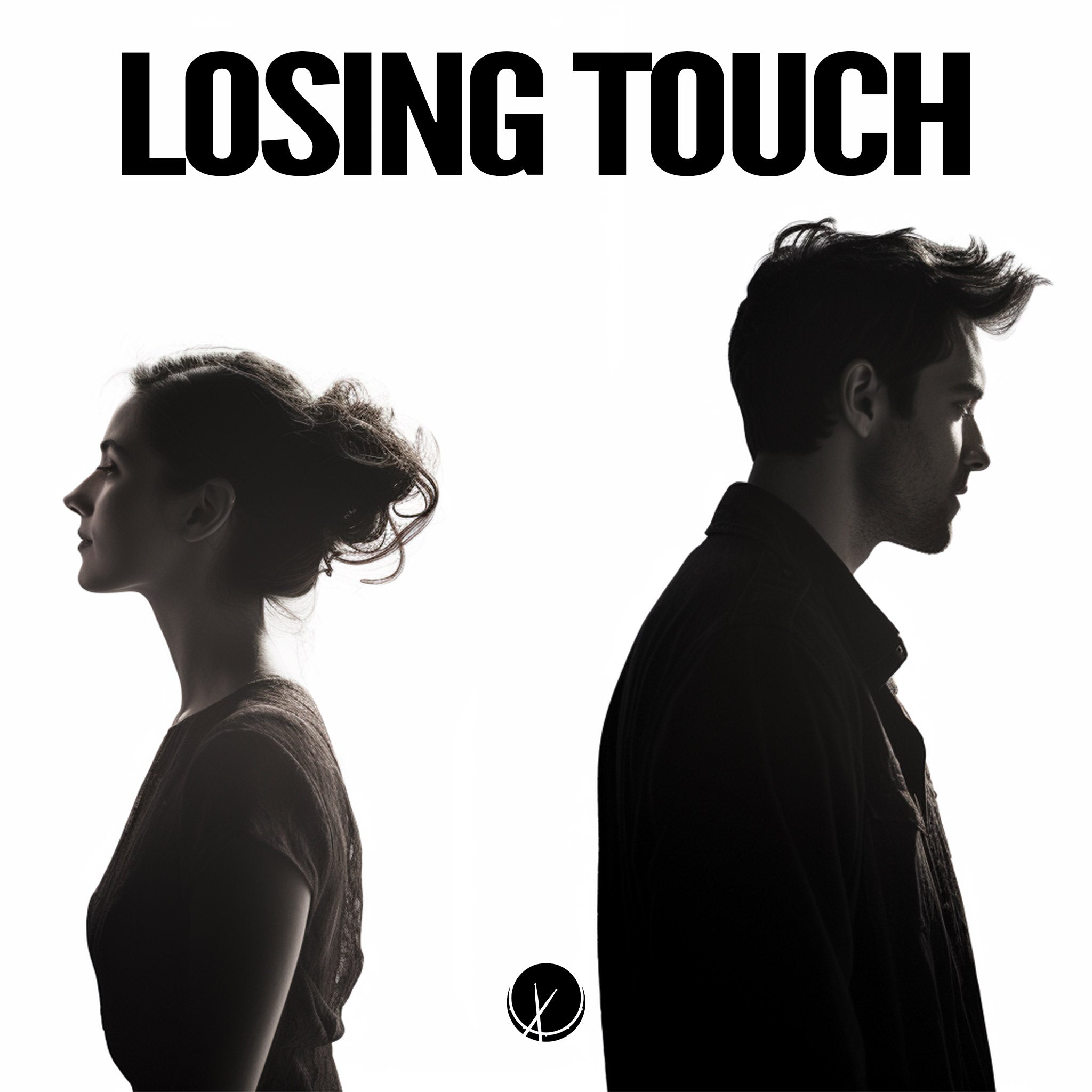 Man and woman facing opposite directions, side profile view over white background. Title: "Losing Touch."