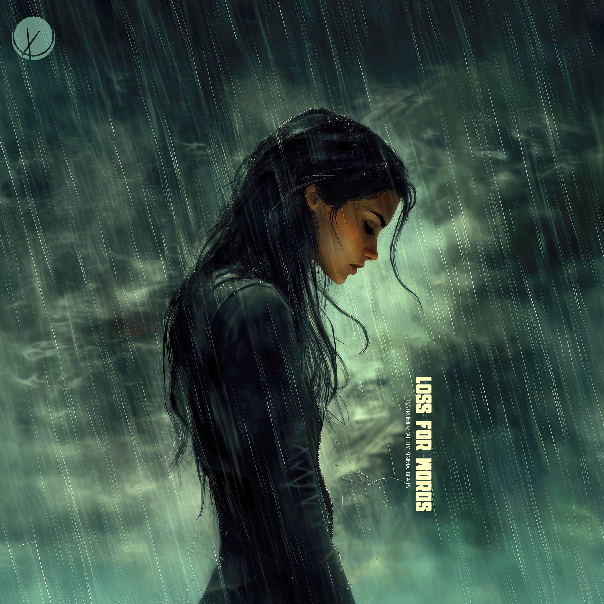 High Quality Illustration of a Woman with Her Head Tilted Down, Standing in the Rain with a Green Hue - Loss for Words