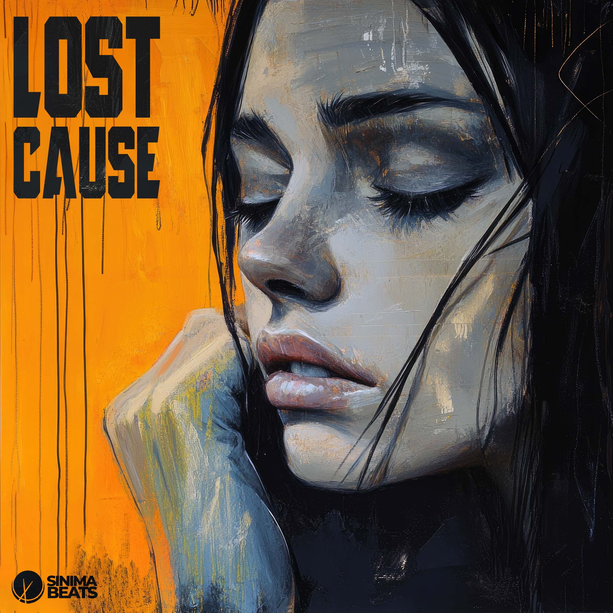 Oil Painting Hip-Hop Cover Art Design Featuring a Close-Up of a Woman's Face with a Somber Expression, Dark Hair, and a Yellow Background - Lost Cause