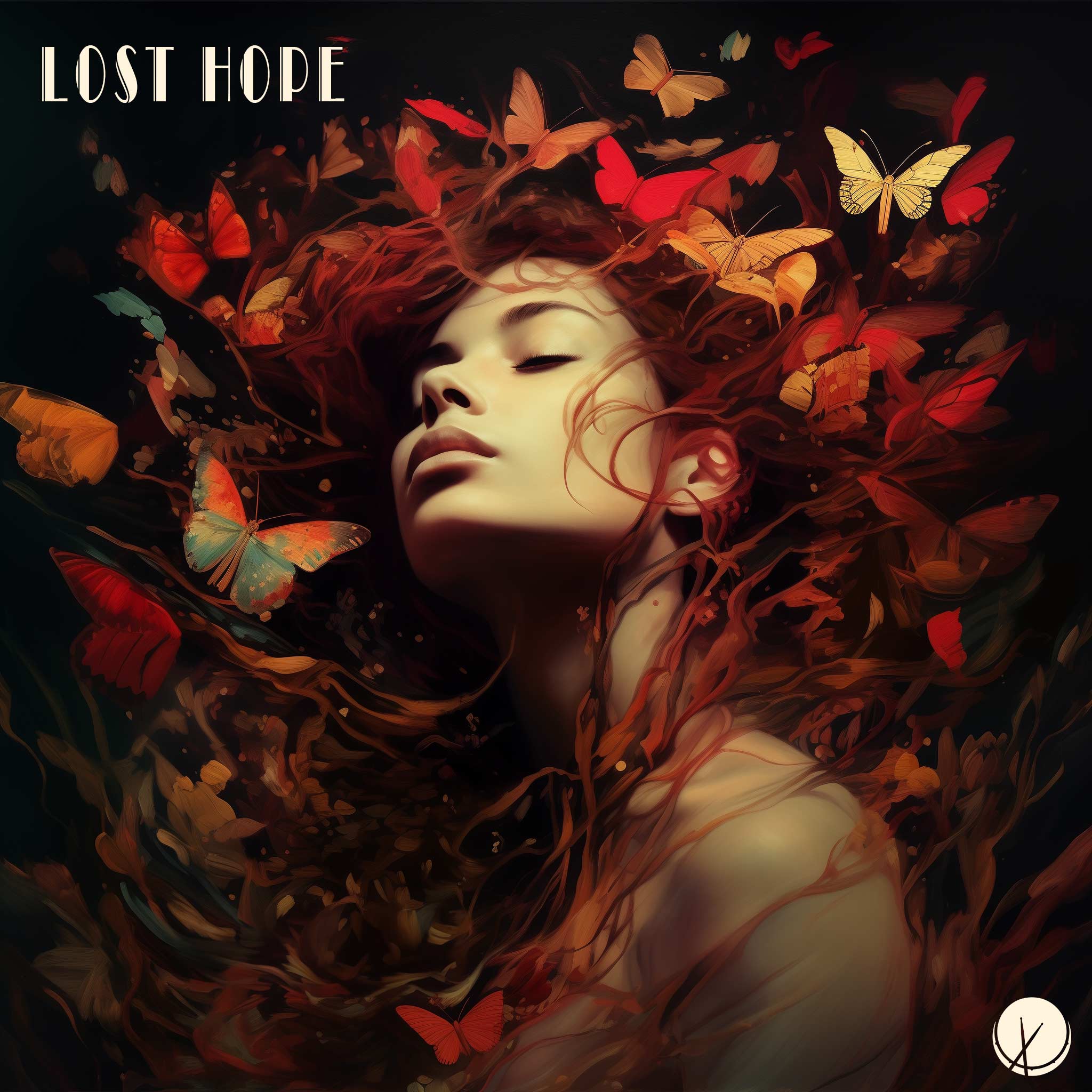 Dreamlike and surreal pop cover art featuring a woman with long flowing red hair surrounded by colorful butterflies. The scene creates a whimsical and enchanting atmosphere. Title: "Lost Hope."
