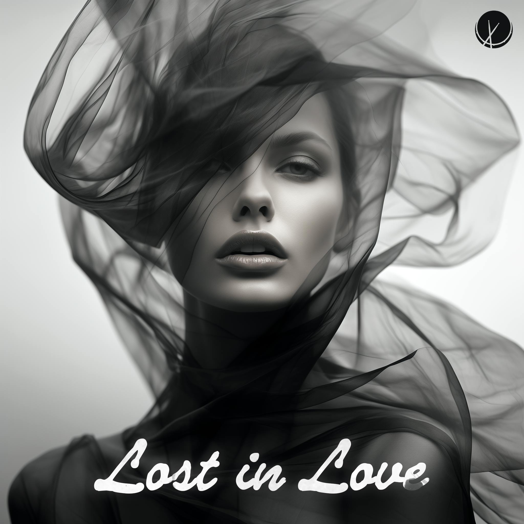 Lost in Love: Woman with Flowy Black Veil Over Head, Model, Grayscale, Black and White Photography.