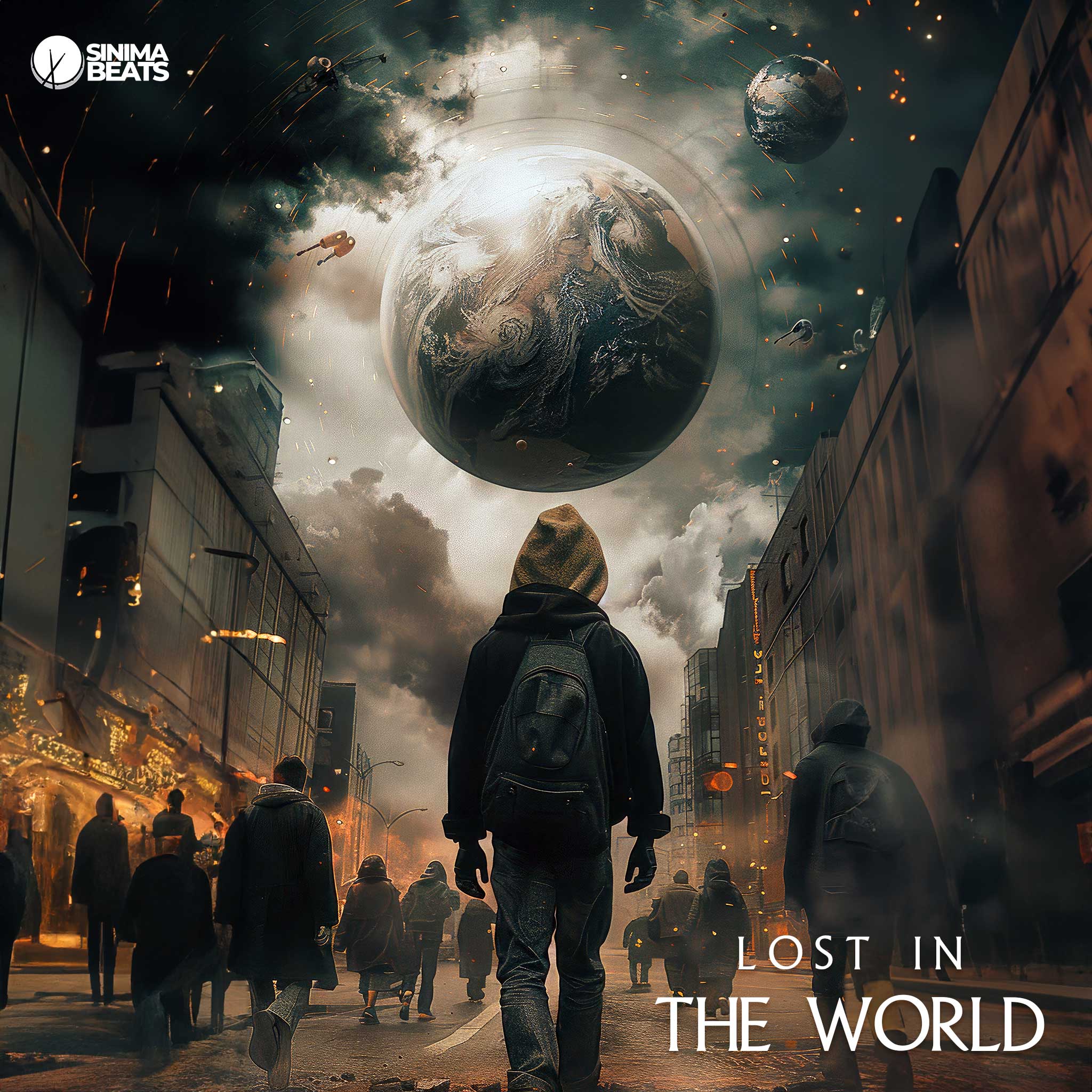 
Young Man Wandering the Street in a City on Fire with a Planet Above Him, Cloudy Sky, and Whirlwind Crowd of People - Lost in the World