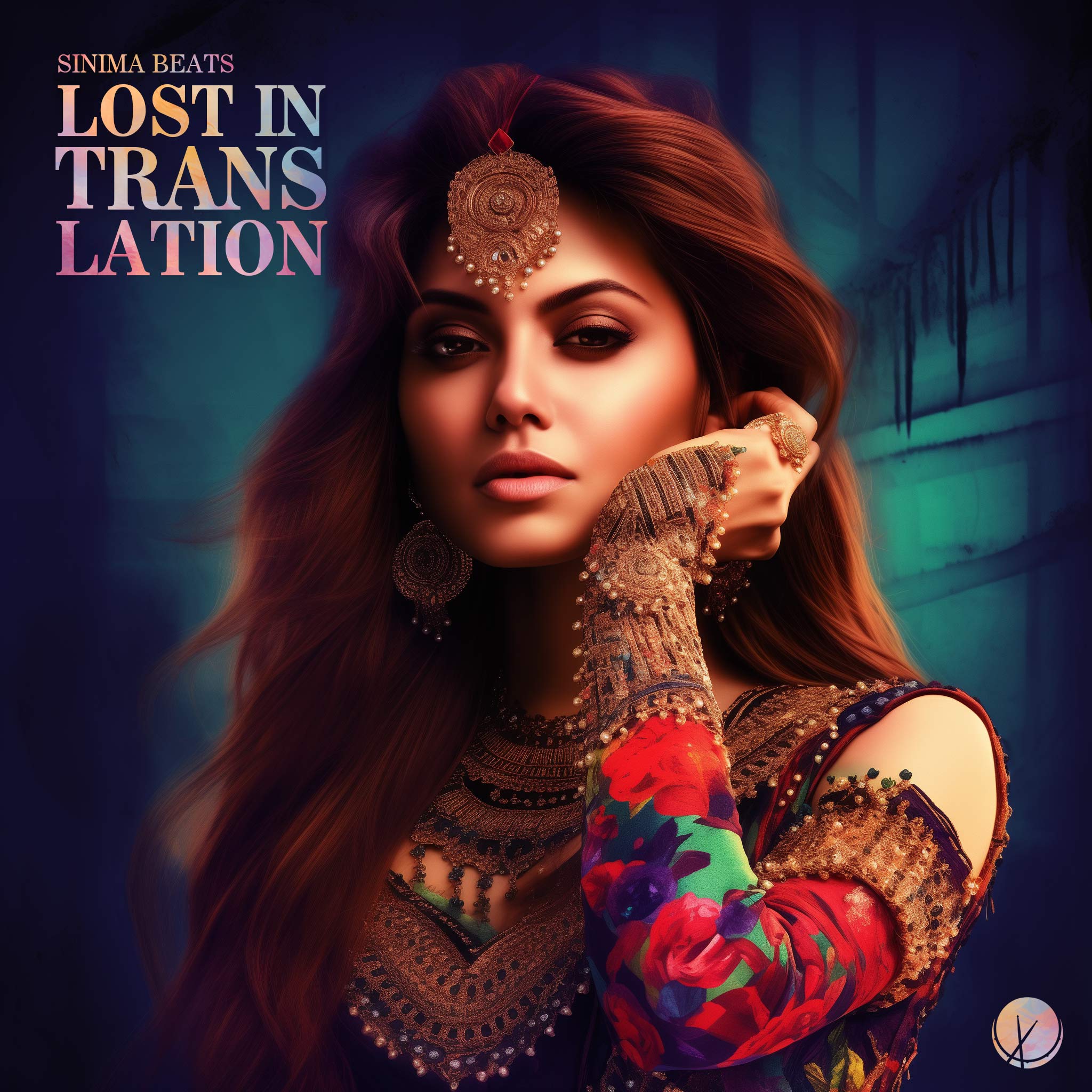 Vibrant Indian pop cover art titled "Lost in Translation" featuring a Bollywood model and dancer. The beautiful woman is adorned in Hindi transitional clothing, set against a colorful gradient background with shades of purple, yellow, blue, and pink.