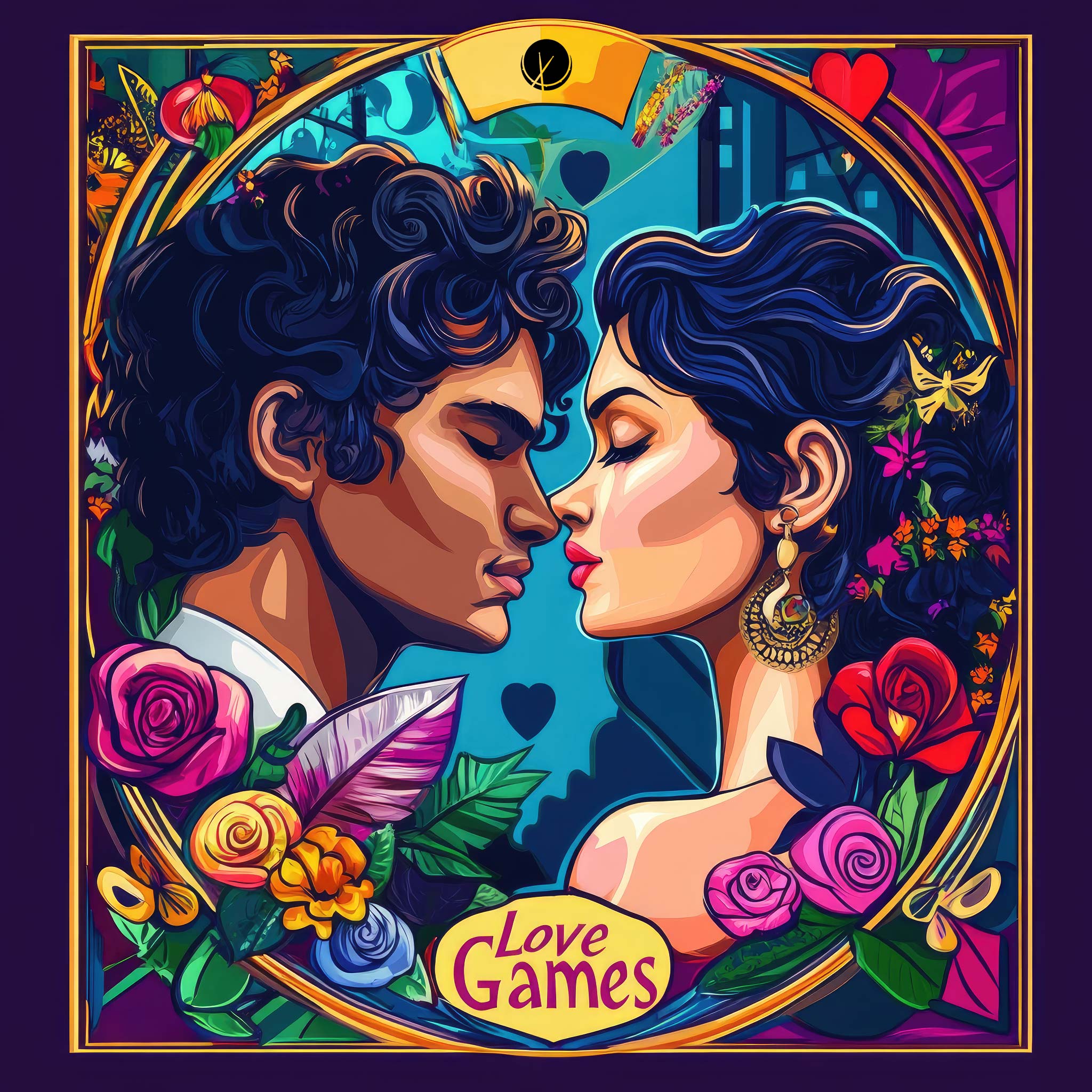 Couple Sharing a Kiss with Flowers and Hearts Illustration on a Purple Background for Latin Style Pop Cover Art Design - Love Games