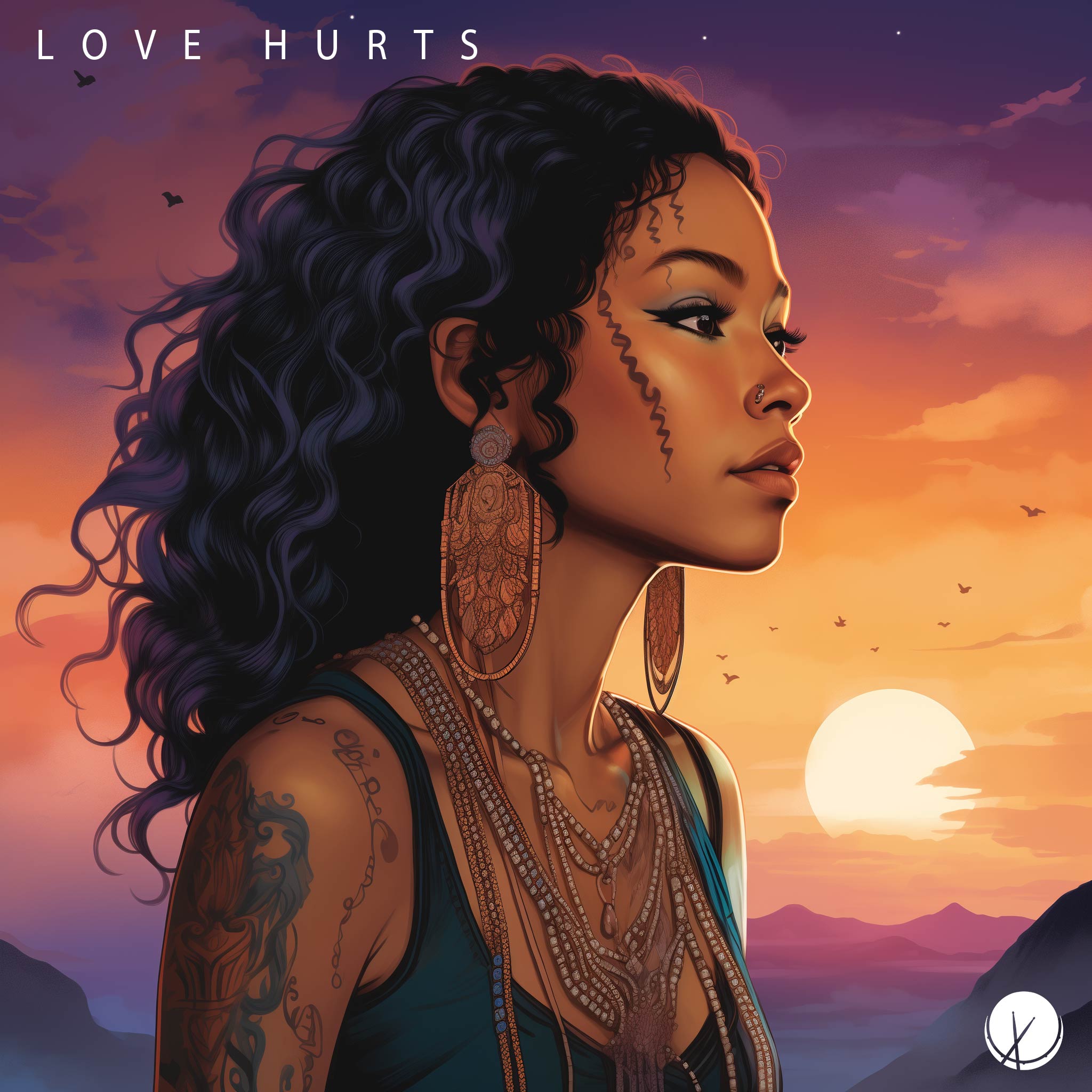 Emotive illustration titled "Love Hurts" featuring a mixed-race girl with tattoos and jewelry. She is looking out as if reminiscing against a purplish sky during sunset, creating a poignant atmosphere suitable for R&B cover art.