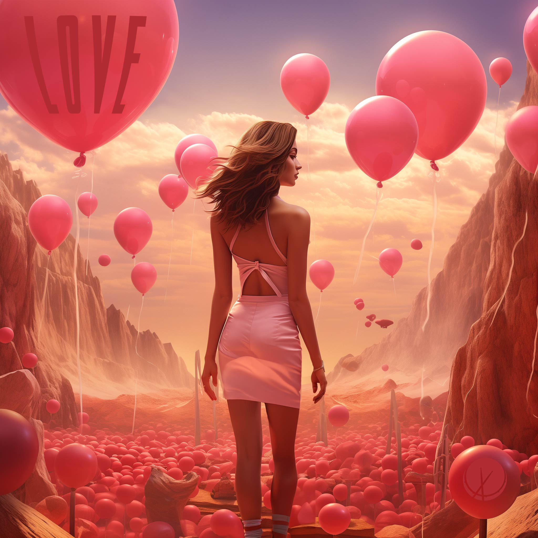Love: Supermodel in Light Fitted Pink Short Skirt, Brunette, with Striped Socks, Standing by a Field of Pink Balloons in a Desert-Like Location.