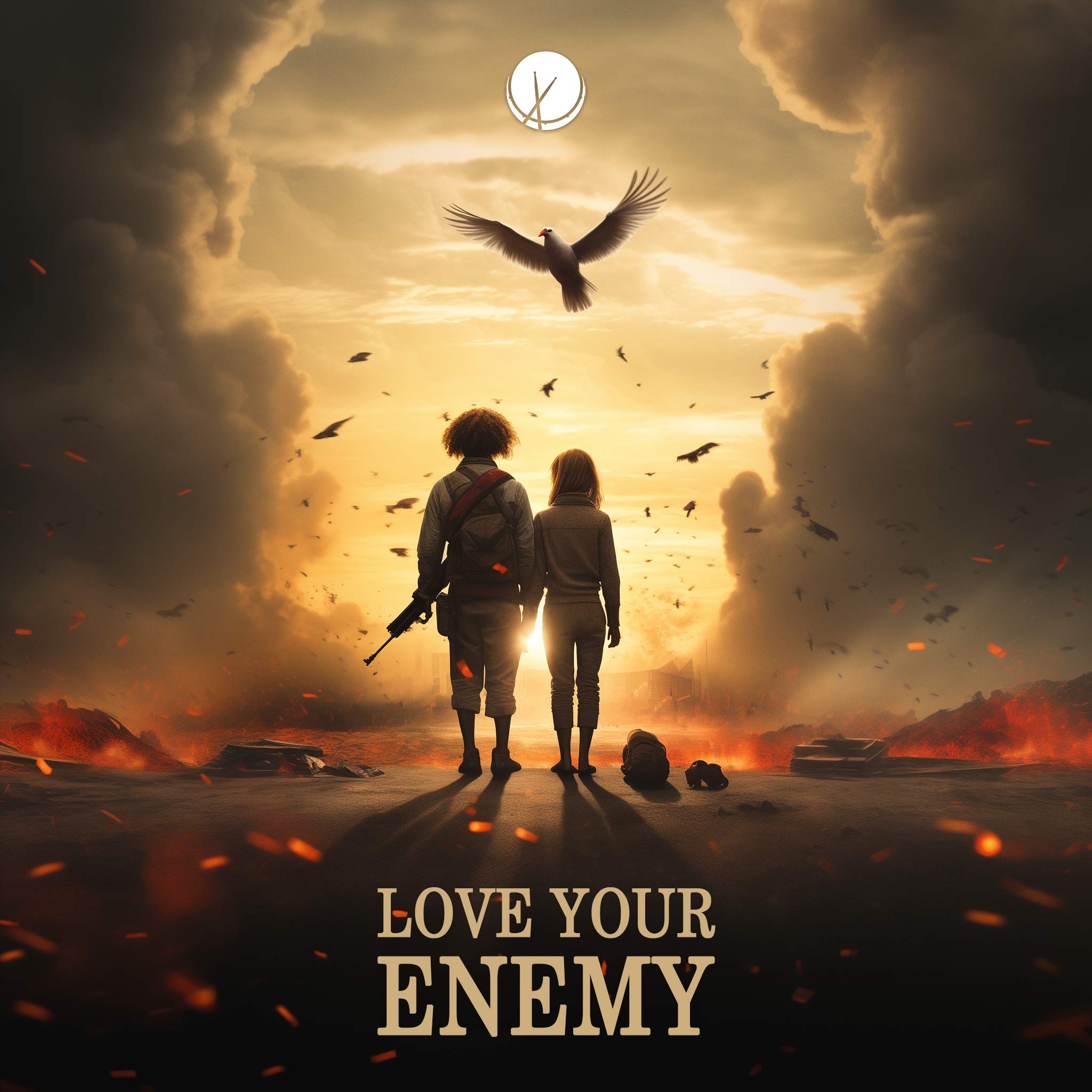 Love Your Enemy: Man with Rifle Standing Next to Young Woman in a Movie Poster-Vibe Scene. A Dove is Above Them with Open Wings, Smoke Rising on Both Sides, Fires Blazing, but the Danger is Over Now.