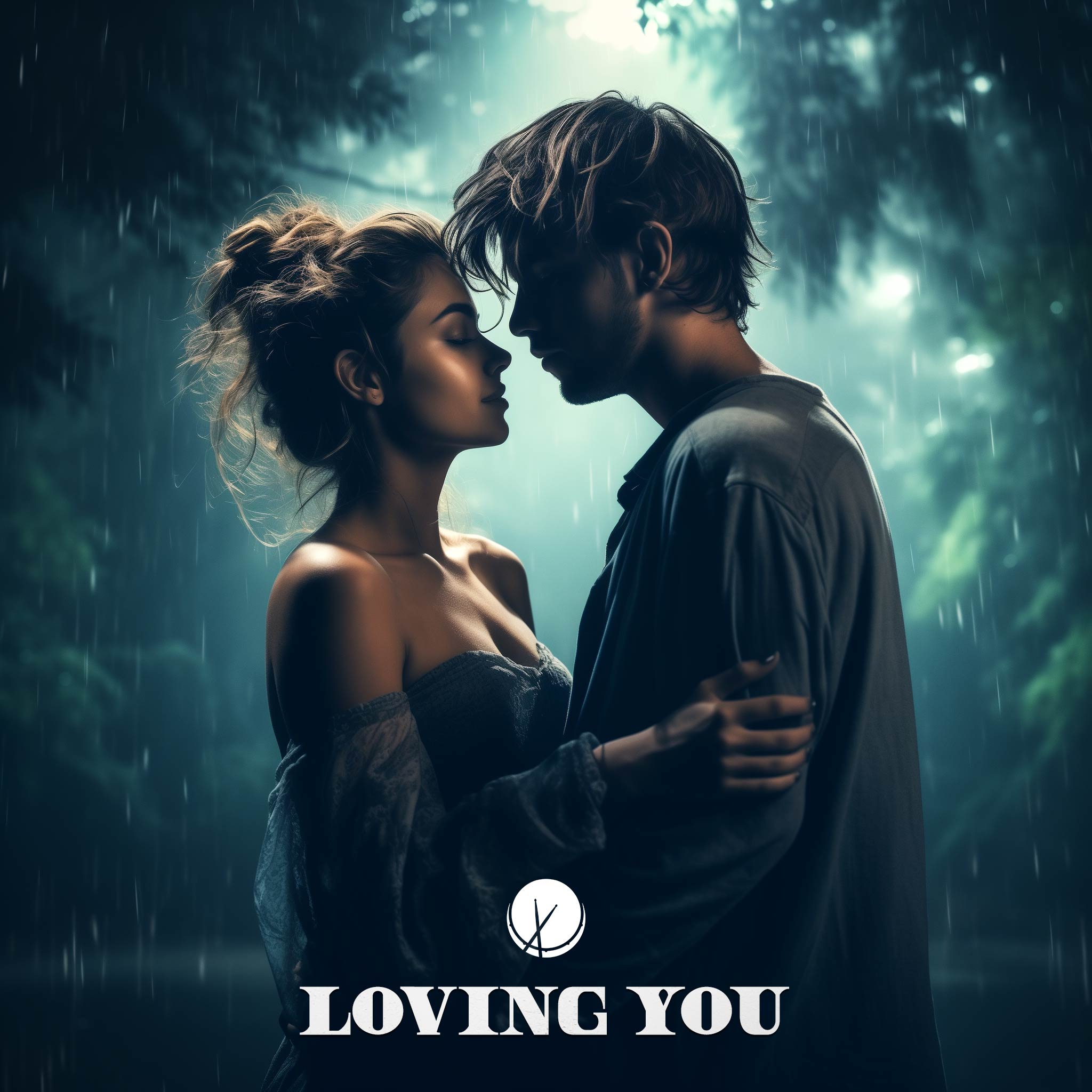 Beautiful woman embracing her lover in the night rainfall. Title: "Loving You."