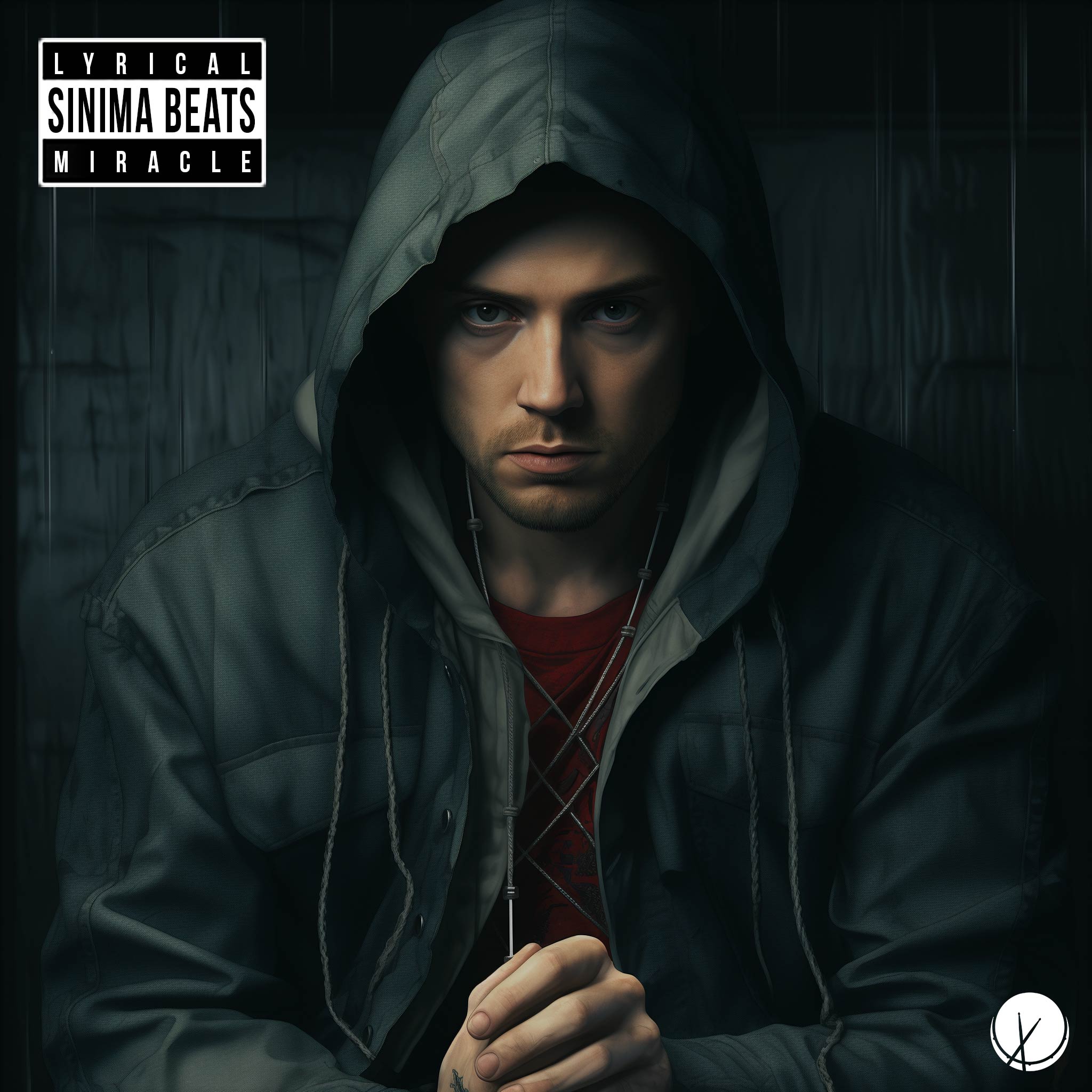 White rap artist wearing dark gray-green hooded jacket, red shirt, with a serious tone. Title: "Lyrical Miracle."