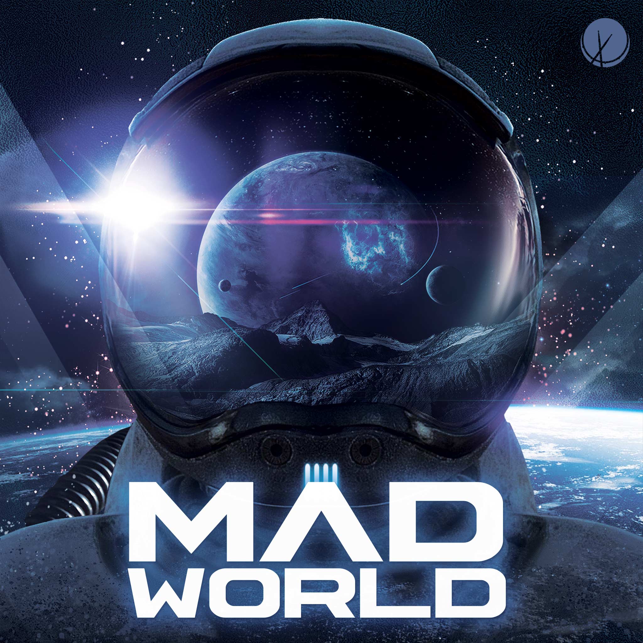 Astronaut, close up of helmet, looking at a planet in the cosmos. Title: "Mad World."