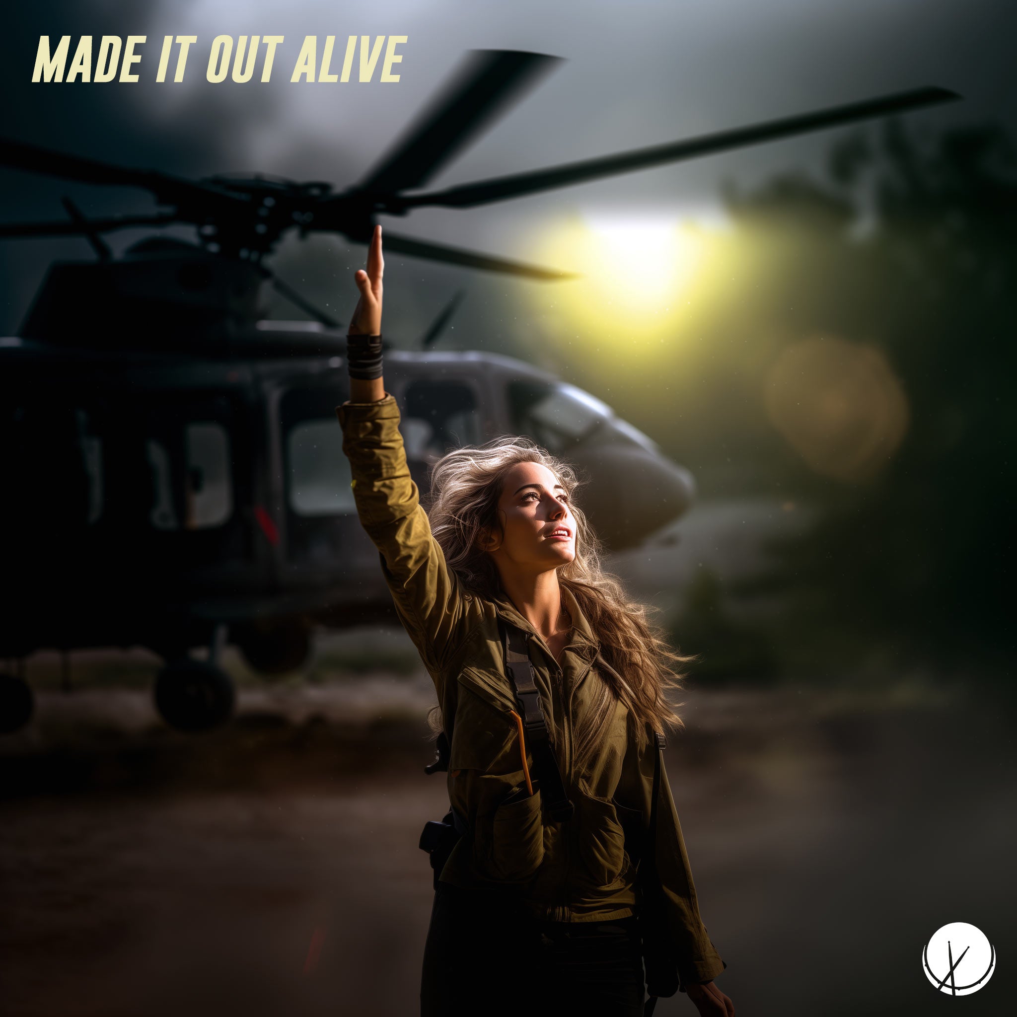 Image of an attractive young woman in her early 20s reaching up, requesting help from a helicopter search and rescue team. The scene is captured in 8k resolution with sunlight and professional photography, featuring light particles. Title: "Made it Out Alive."