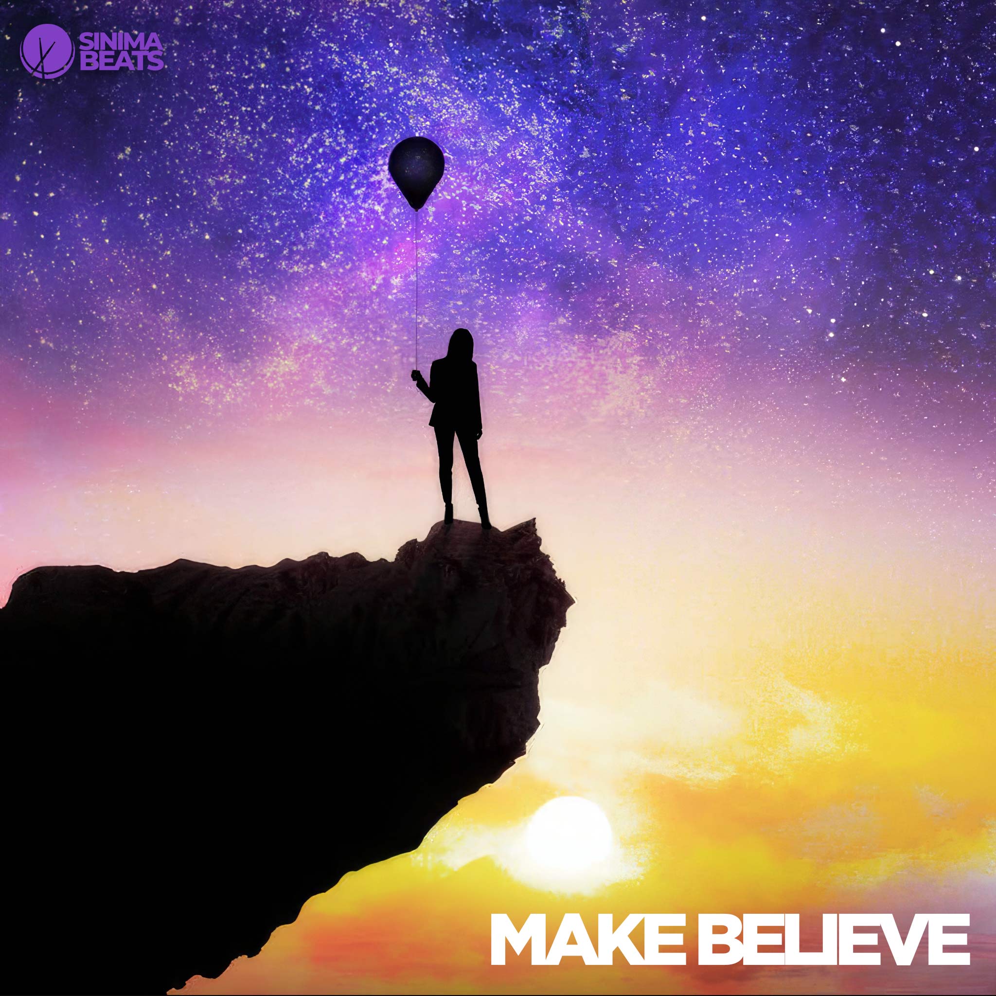 Silhouette of a Woman Holding a Balloon, Standing on a High Rock with Sun, Sky, and Purple Cosmos Stars - Make Believe