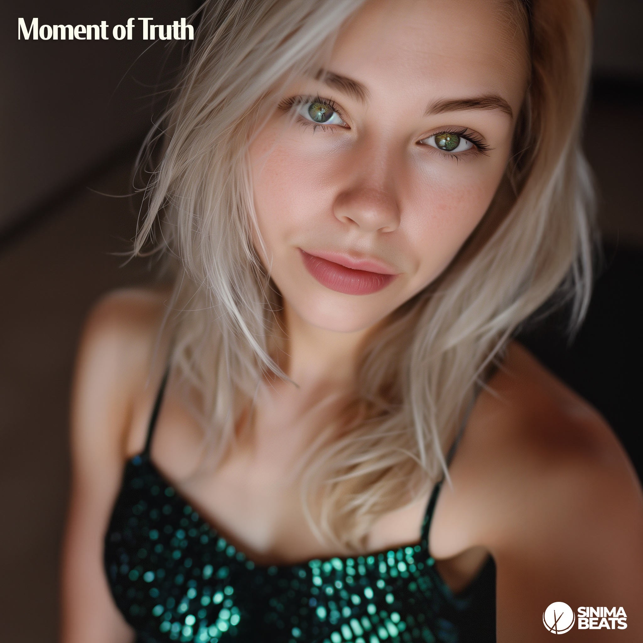 A captivating "Moment of Truth" depicted in a selfie photo featuring a beautiful blonde woman with green eyes. The close-up shot highlights her wearing a shiny green dress, with the setting being a stylish room. The image focuses on her confident expression and the dress's vibrant texture. The room's ambiance complements the overall mood, creating a visually engaging representation of a significant personal moment.